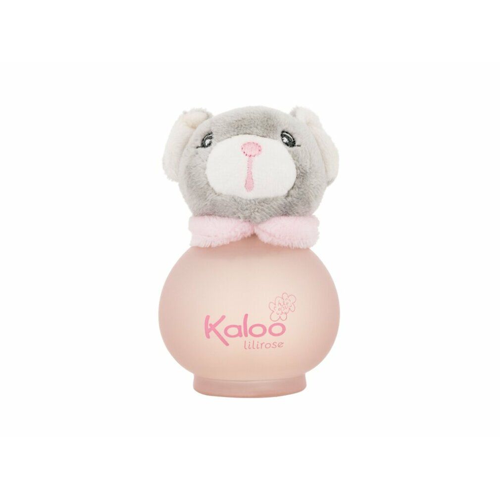 Flacone rosa con testa di cane. Scritta: Kaloo Lilirose. Cane con colletto rosa.