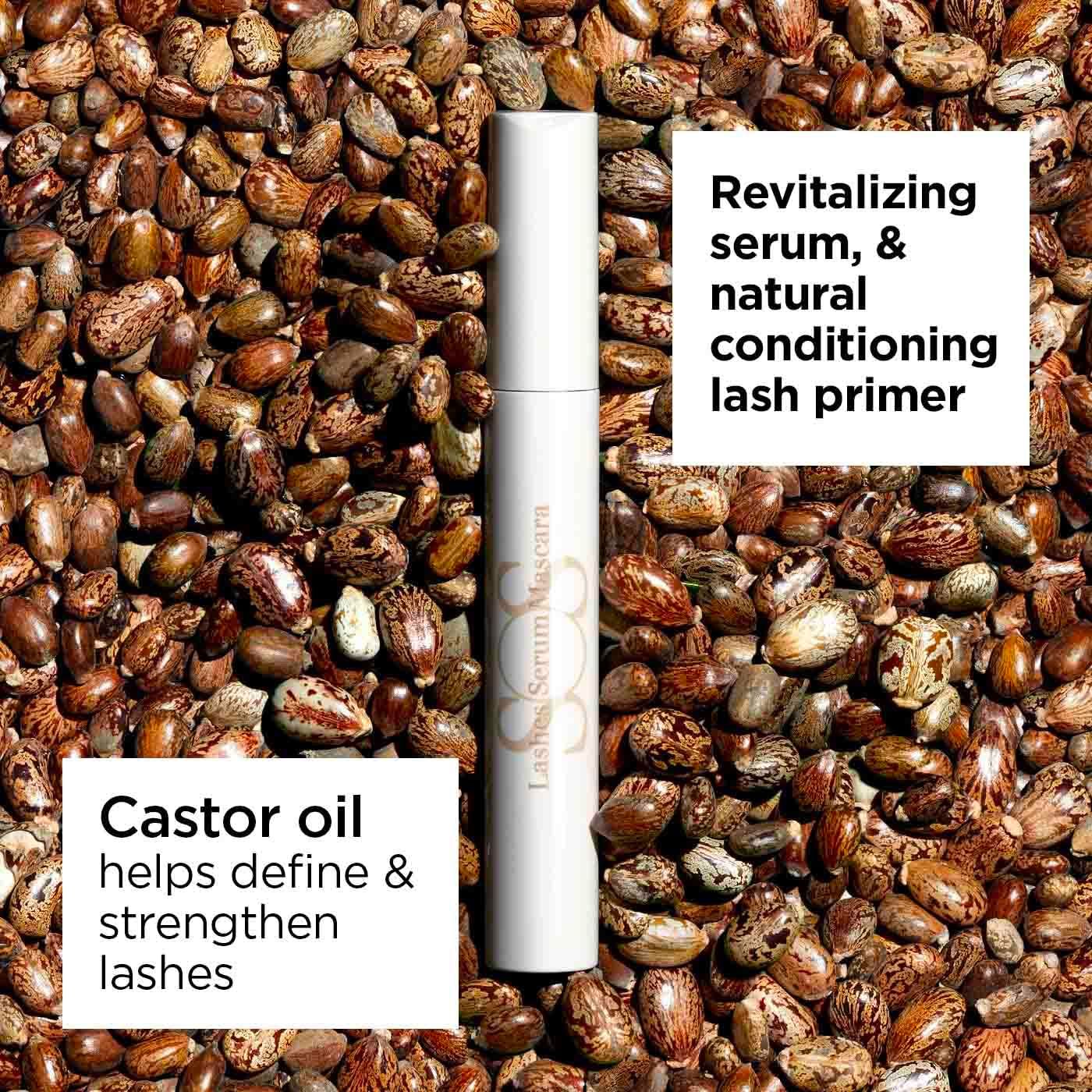 Tubetto mascara bianco su semi. Testo: SOS Lashes Serum Mascara. Testo: L'olio di ricino aiuta a definire le ciglia.