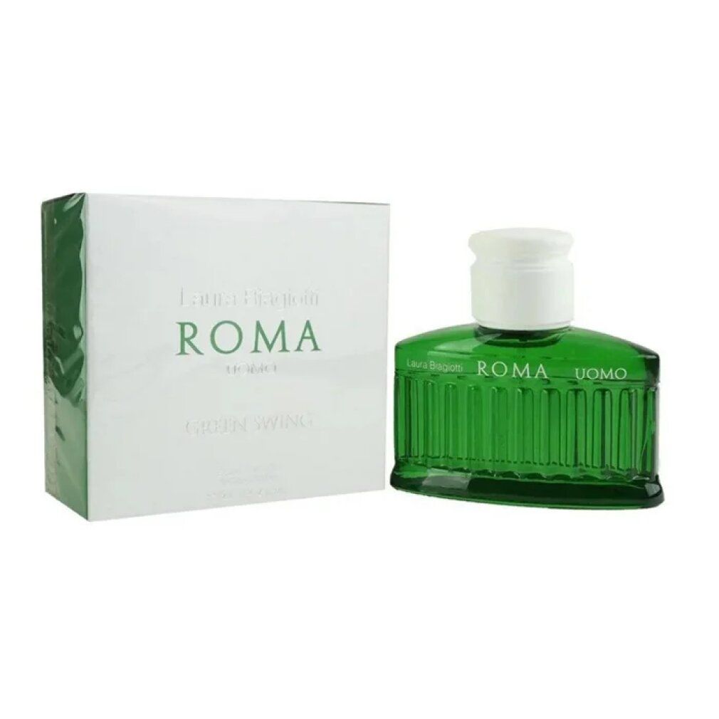 Flacone di Laura Biagiotti Green Swing Eau de Toilette accanto alla sua confezione.
