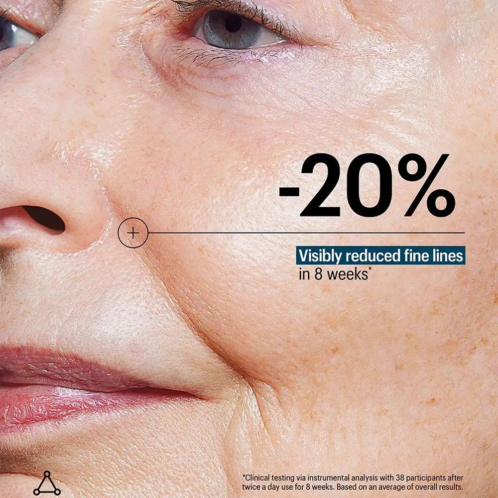 Primo piano di un viso con testo: -20% di riduzione visibile delle rughe sottili in 8 settimane.