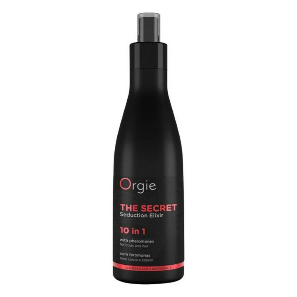 Flacone nero con vaporizzatore. Scritta: Orgie, The Secret Seduction Elixir, 10 in 1. Con feromoni.