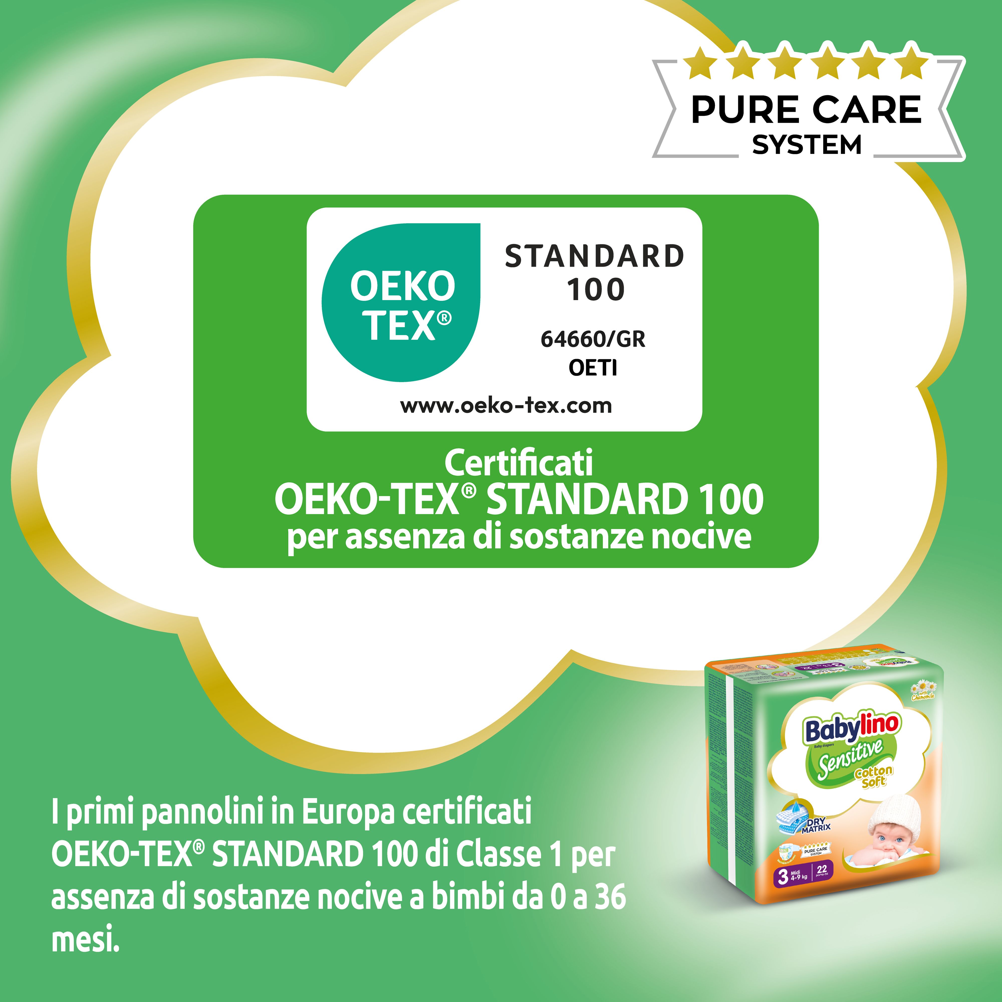 Certificato Oeko-Tex Standard 100. Confezione di pannolini Babylino Sensitive sullo sfondo.