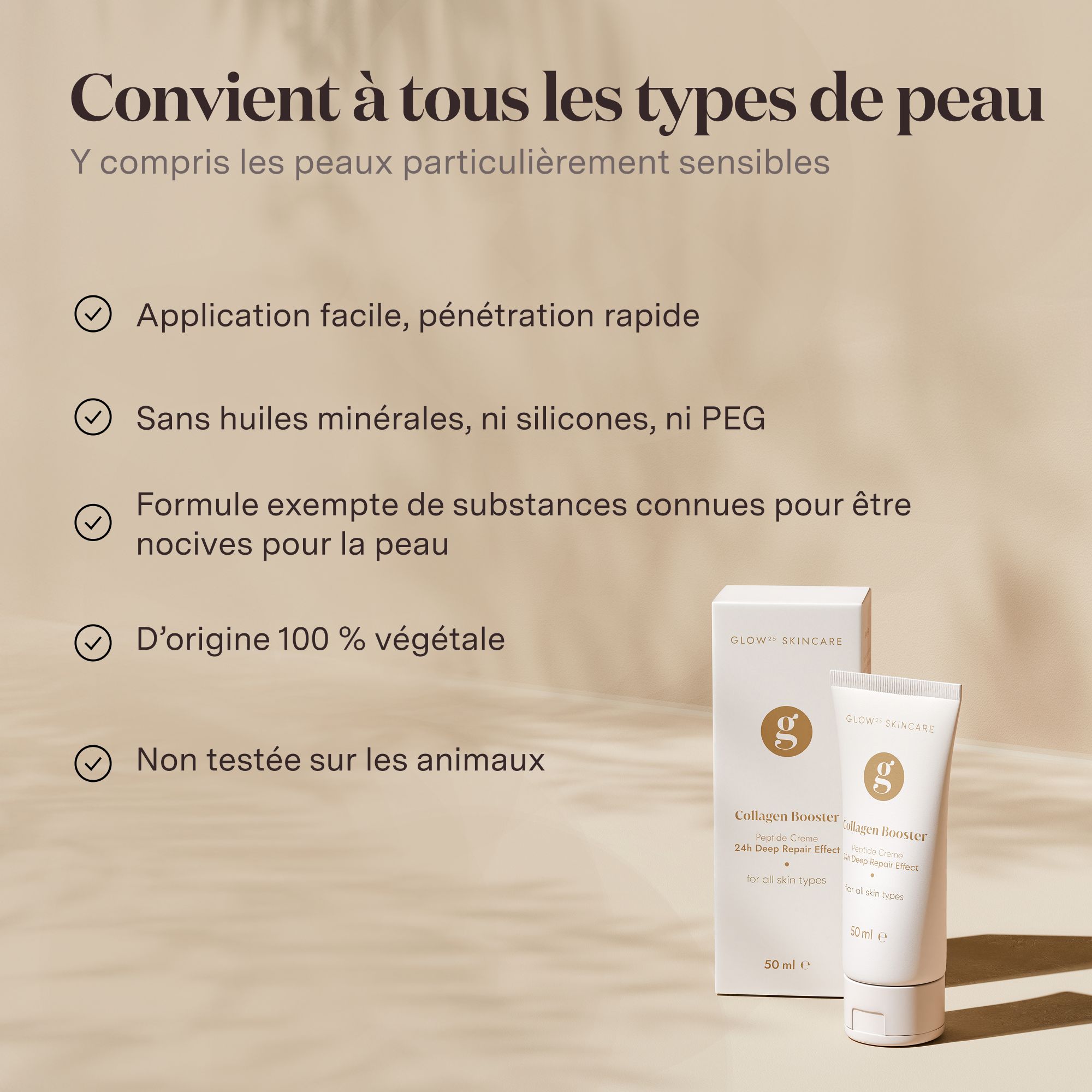 L'immagine mostra un tubo e una scatola bianchi "Glow Skincare Collagen Booster". Il tubo contiene 50 ml di crema. Sulla confezione si legge "Firming Peptide Face Cream" e "for all skin types".