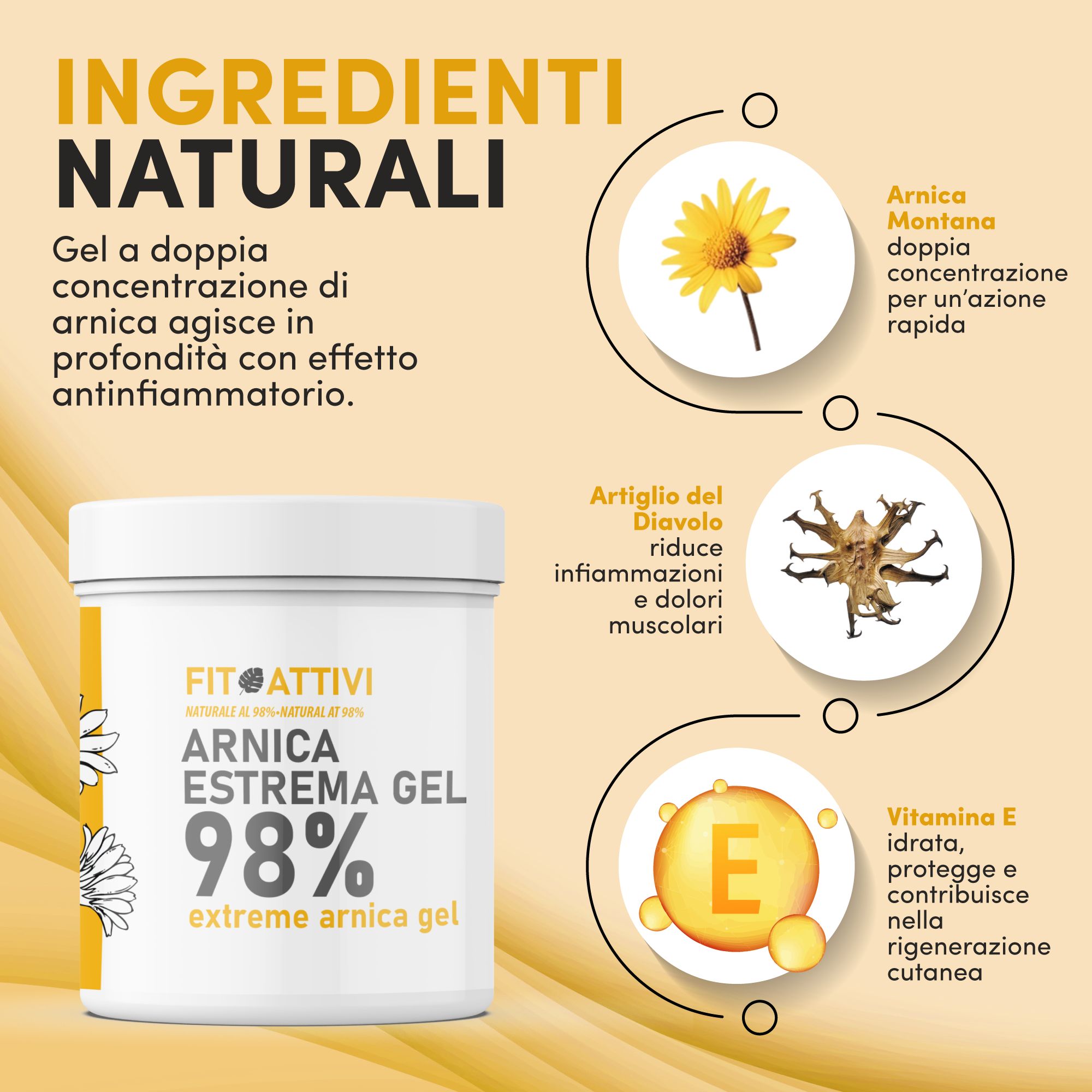 Vasetto bianco di Fitoattivi Arnica Estrema 98% Gel. Ingredienti: Arnica, artiglio del diavolo, vitamina E. Gel a doppia concentrazione di arnica.