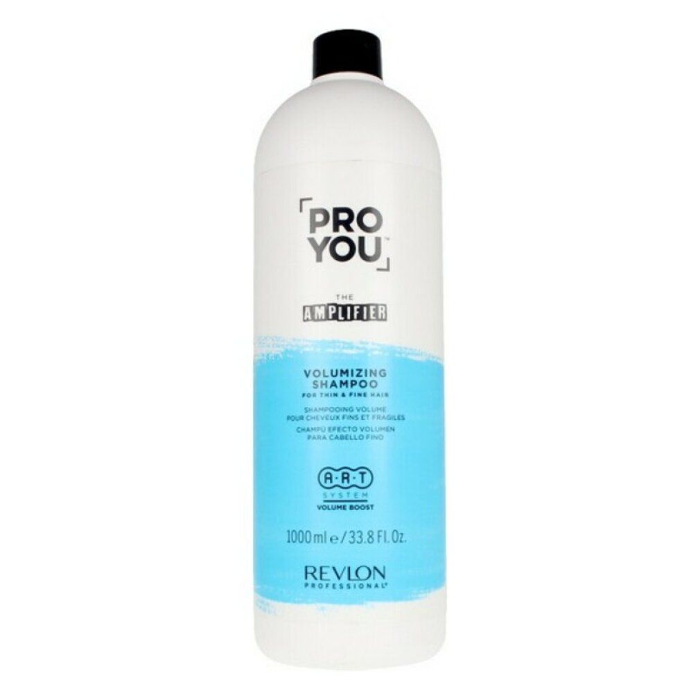 Flacone bianco, tappo nero. Scritta: Pro You The Amplifier Volumizing Shampoo. Etichette blu e bianche. Revlon Professional.