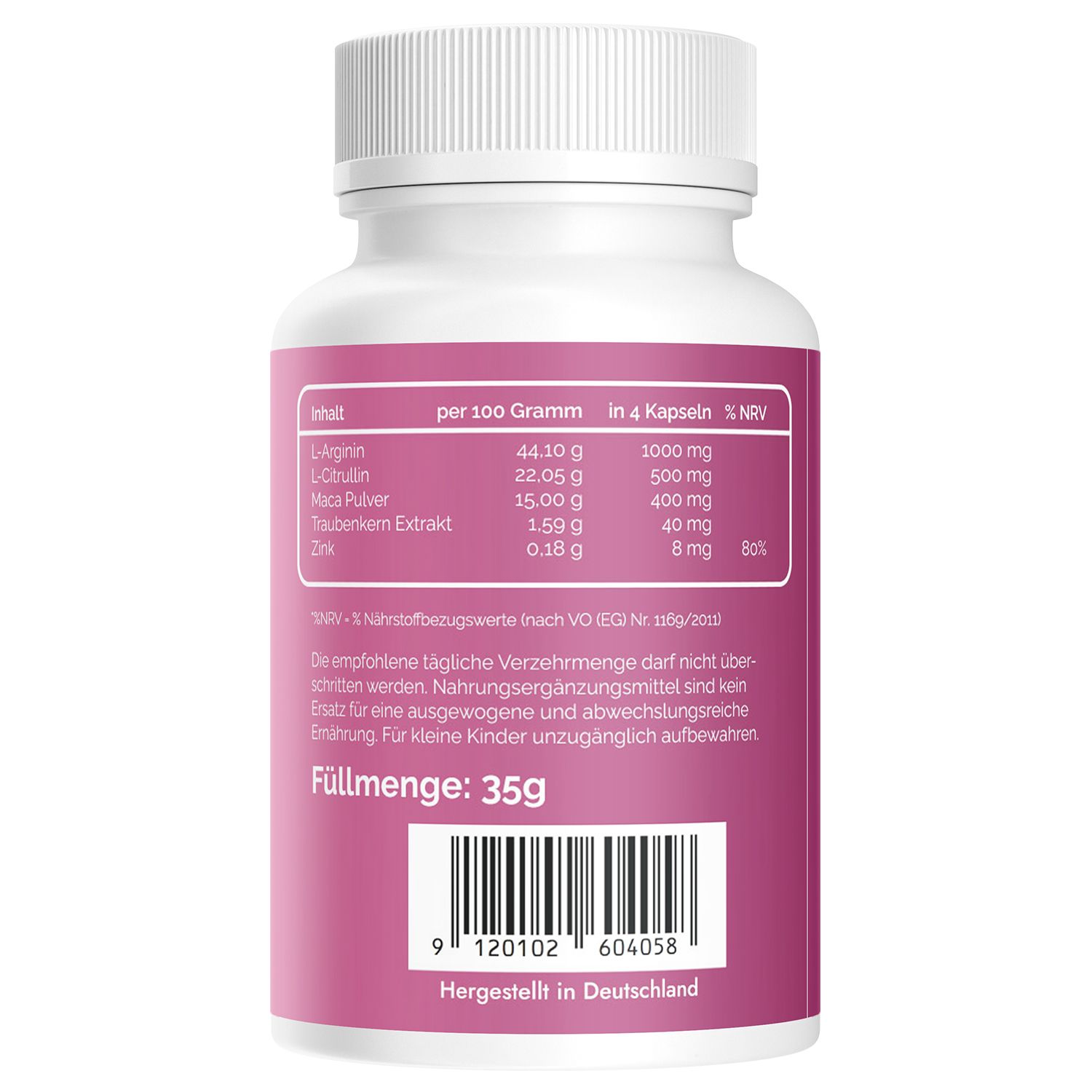 Flacone bianco con etichetta rosa. Testo: Contenuto, informazioni nutrizionali, volume 35g. Codice a barre.