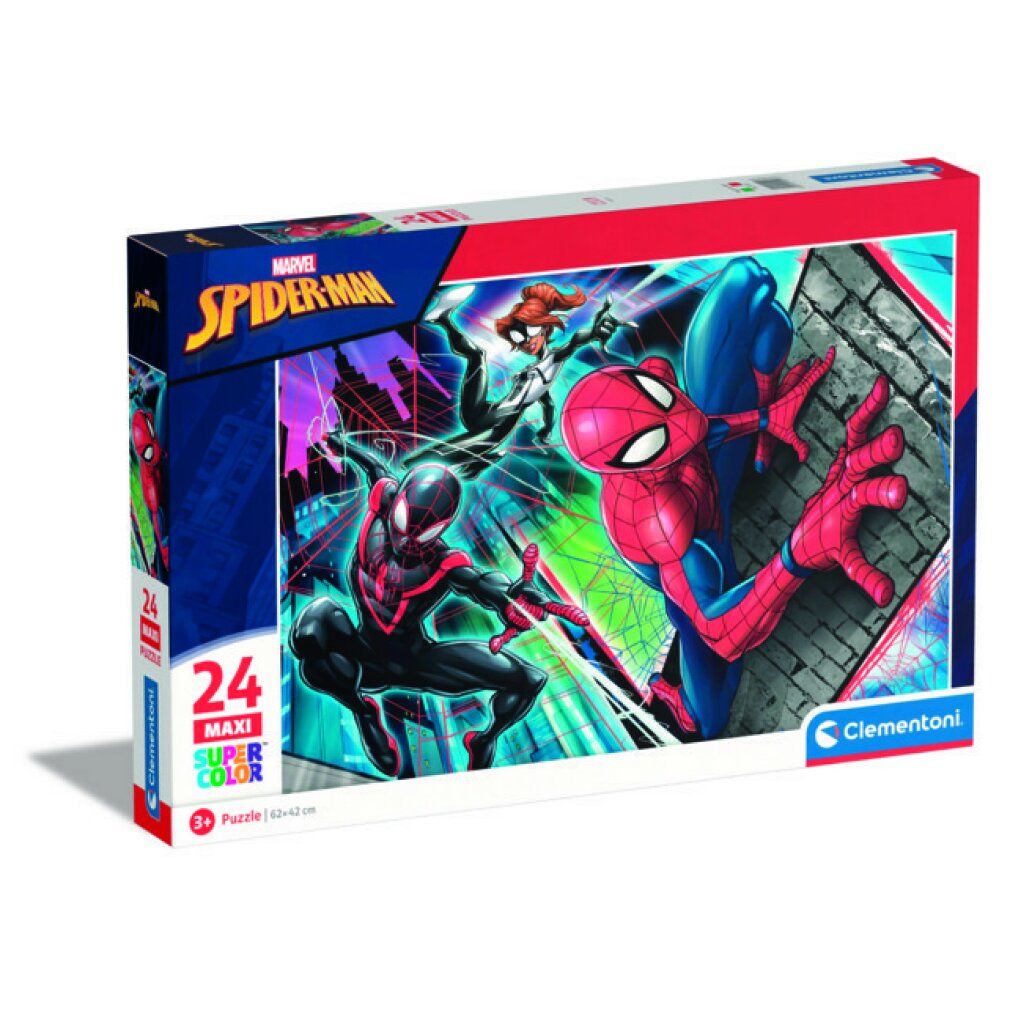 Puzzle Maxi Marvel Spiderman 24 pezzi. Confezione con illustrazioni di Spiderman. Logo Clementoni.
