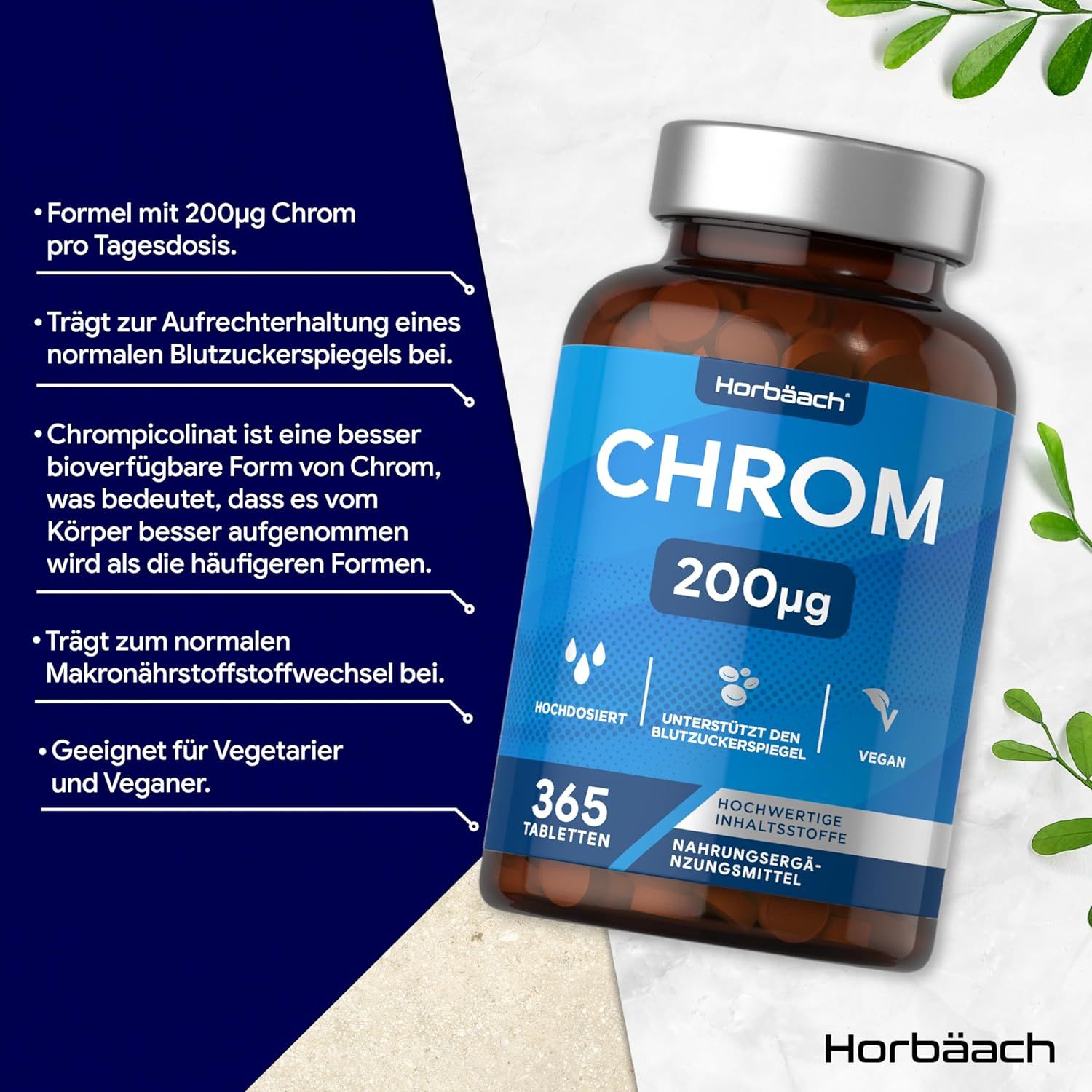 Flacone marrone con etichetta blu. Contiene 365 compresse. Scritta: CHROM 200µg. Vegano. Testo accanto.