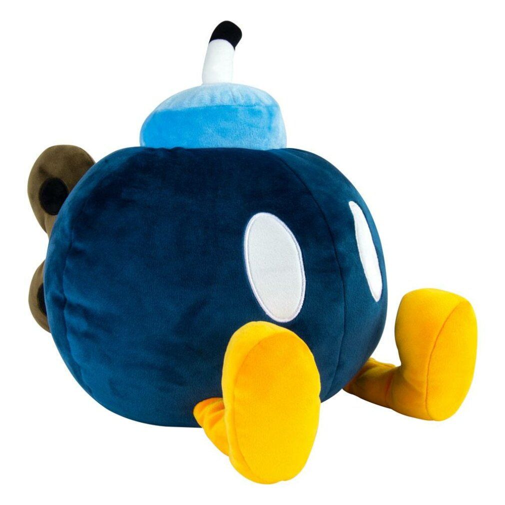 Peluche Bob-omb blu con piedi gialli, lati marroni e dettagli bianchi. Stoppino blu e bianco in cima.