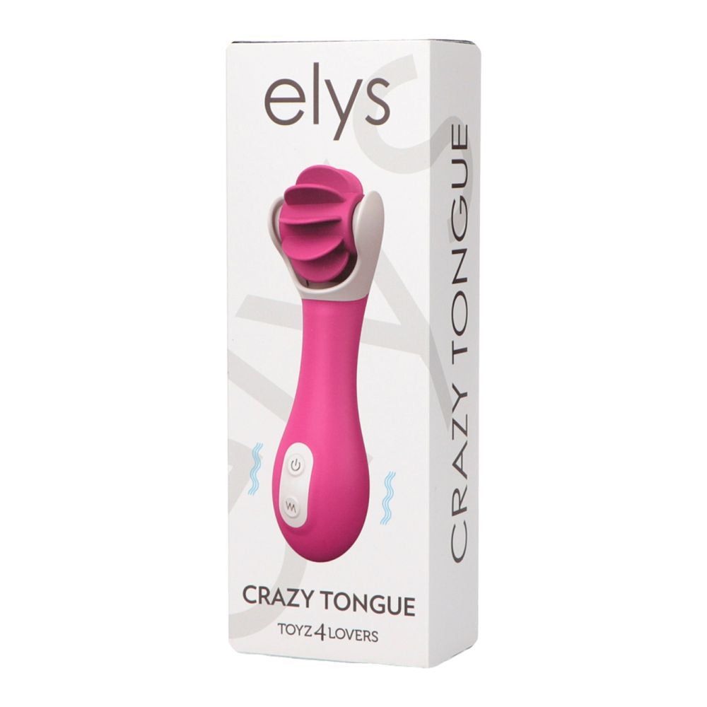 Confezione con vibratore rosa. Testo: Crazy Tongue, Toyz-4 Lovers. Motivo a onde.