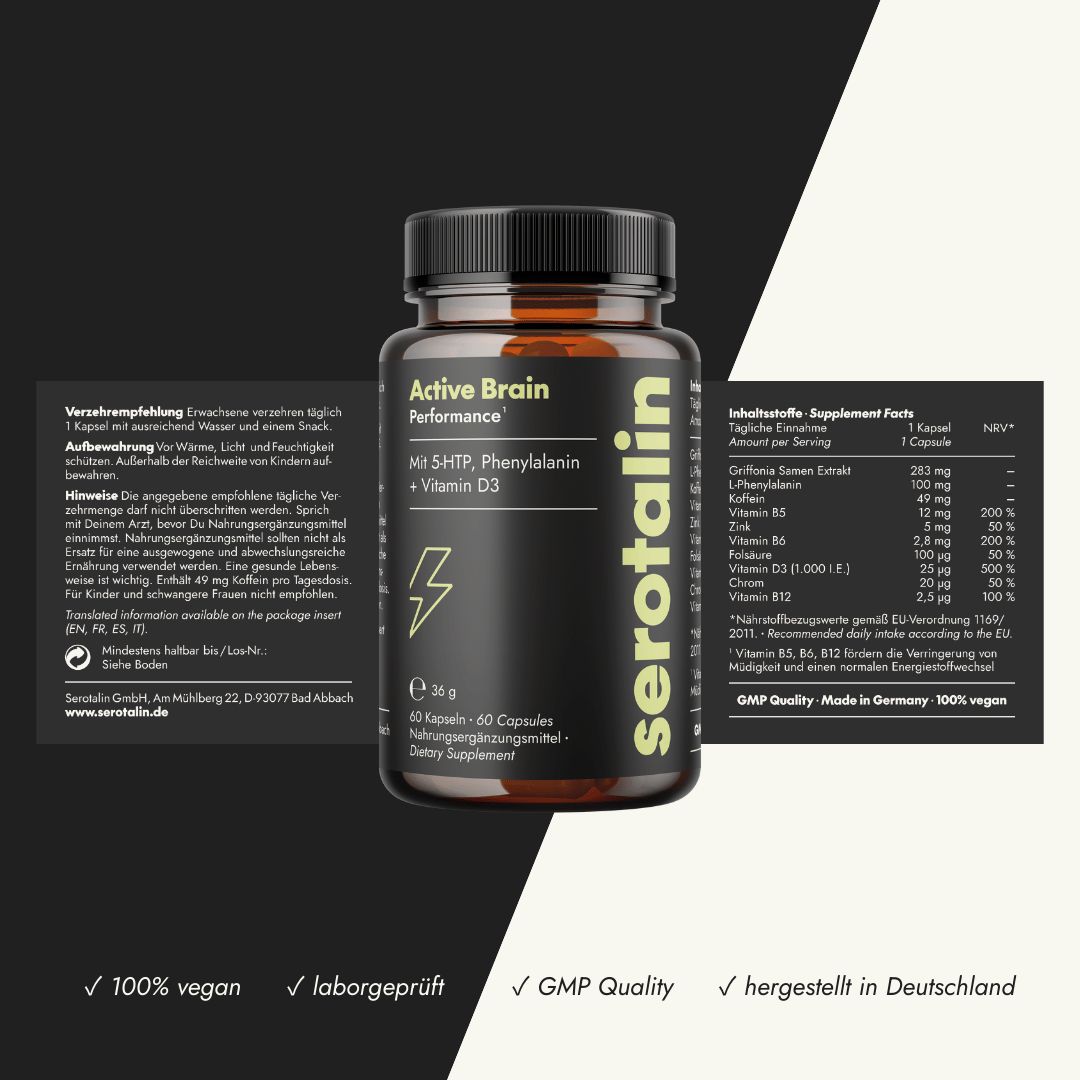 Capsule marroni in un flacone. Testo: Active Brain Performance, Con 5-HTP, Fenilalanina + Vitamina D3. Scritta: serotalin. GMP Quality, 100% vegano, testato in laboratorio, prodotto in Germania.