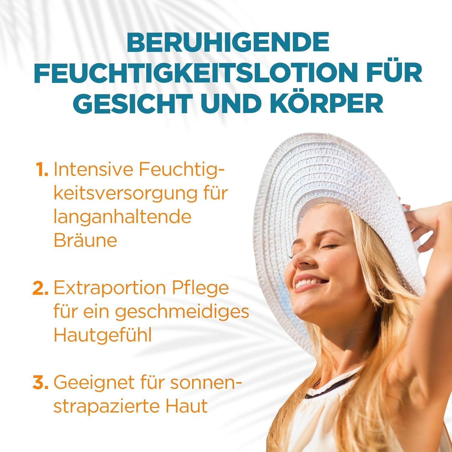 Lozione idratante per viso e corpo. Donna con cappello. Testo: Idratazione intensa, pelle morbida, pelle esposta al sole.