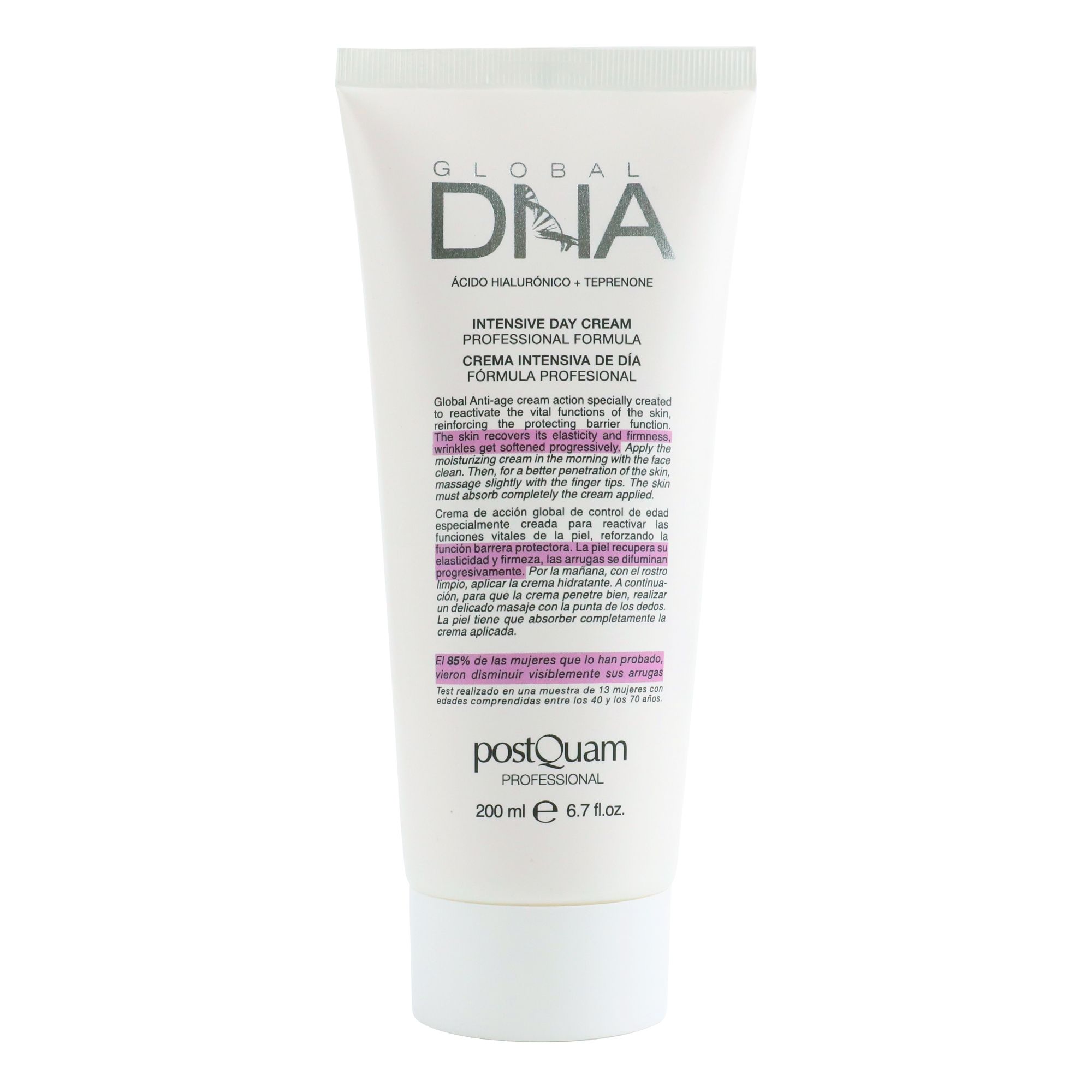 Tubo di crema. Nome prodotto: Global DNA Intensive Day Cream. Marchio: Postquam. Testo sul tubo.