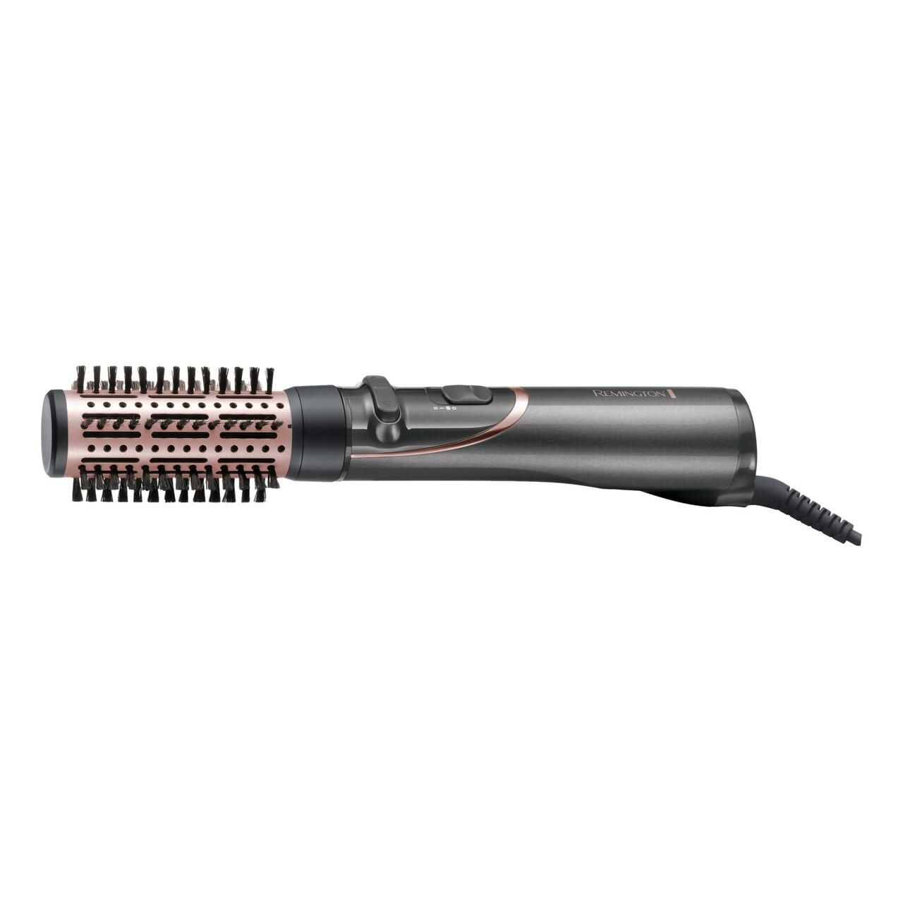 Styler per capelli con spazzola rotonda. Dispositivo grigio-rosa con pulsanti e cavo. Logo Remington.