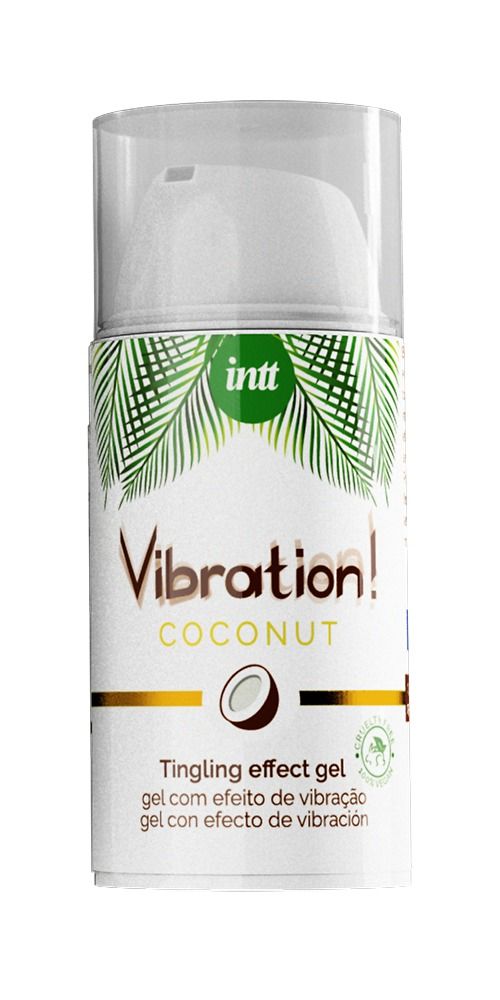 Flacone cilindrico con nome e logo del prodotto. Testo: Vibration! Coconut, Tingling effect gel. Con sigillo Cruelty Free.