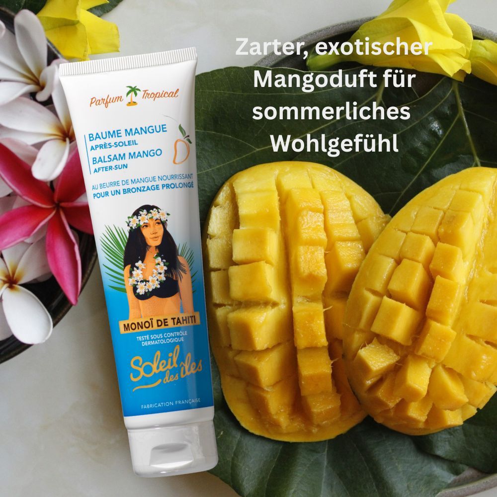 Tubo di prodotto accanto a metà mango. Testo: Après-Soleil Balsam Mango, Soleil des îles. Scritta: Parfum Tropical.