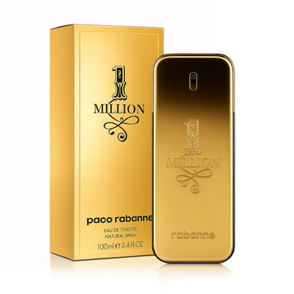 Flacone e confezione dorati. Scritta "1 MILLION" e "paco rabanne". Flacone con vaporizzatore. 100ml.