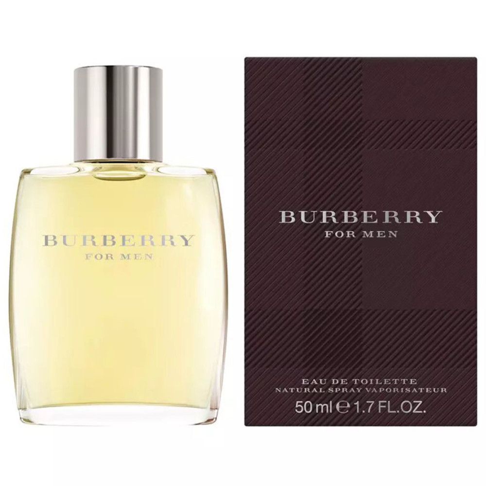 Flacone Burberry for Men Eau de Toilette e confezione. Flacone rettangolare con tappo argentato. Confezione marrone con motivo a quadri.