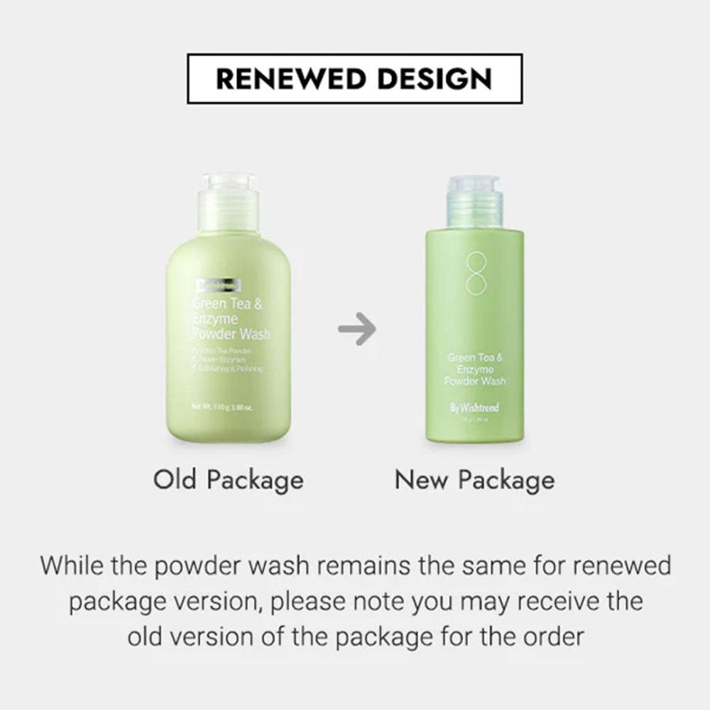 Confronto: confezione vecchia e nuova. Entrambi i flaconi sono verdi. Scritta: Green Tea & Enzyme Powder Wash. Marchio: By Wishtrend.
