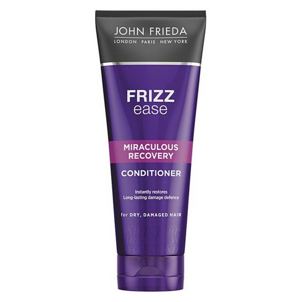 Tubo viola con tappo nero. Scritta: John Frieda, Frizz Ease, Miraculous Recovery Conditioner. Per capelli secchi e danneggiati.