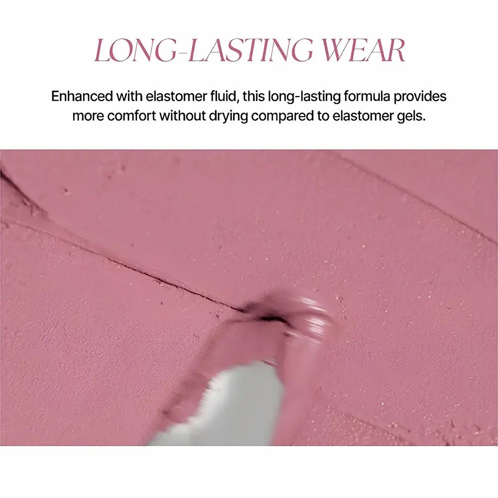 Primo piano di un campione di rossetto. Testo: Long-Lasting Wear. Formula con elastomero.