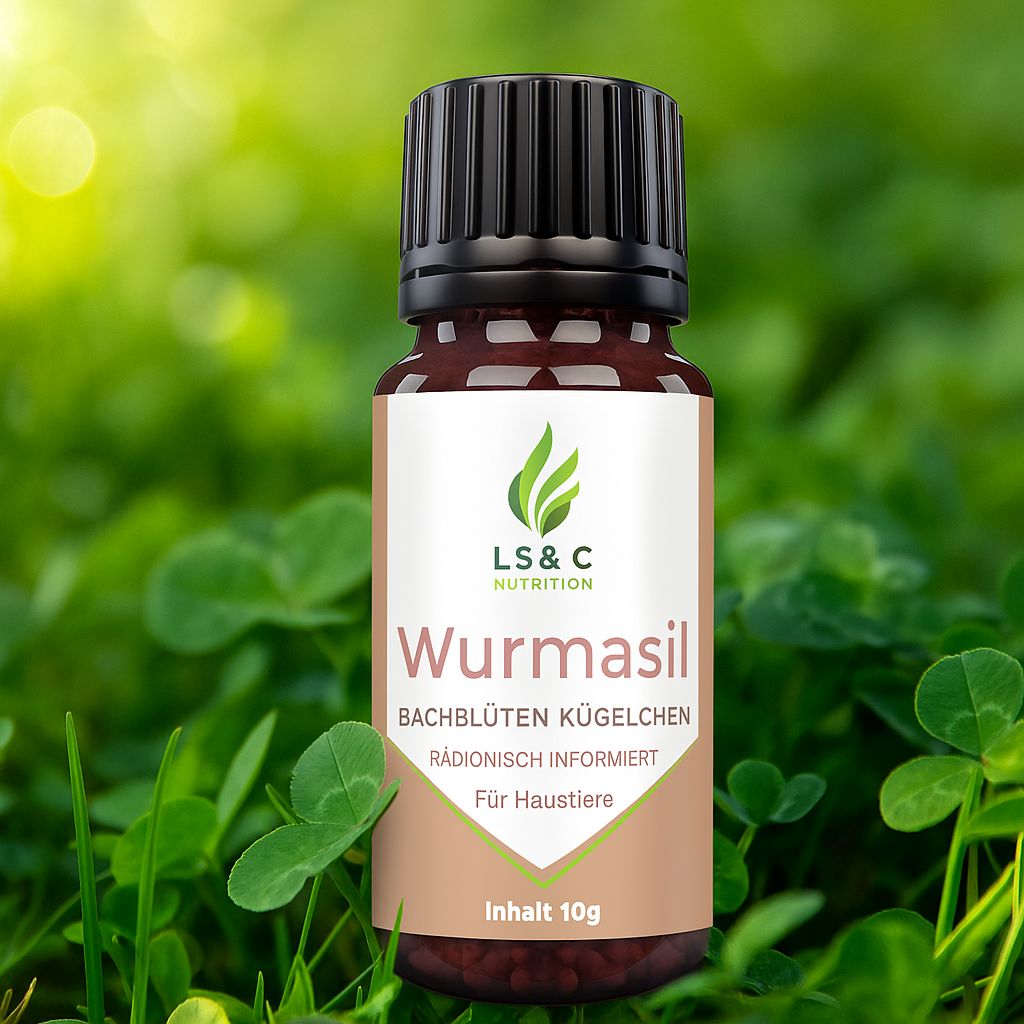 Flacone marrone di granuli in un ambiente di erba verde e trifoglio. Etichetta "Wurmasil".