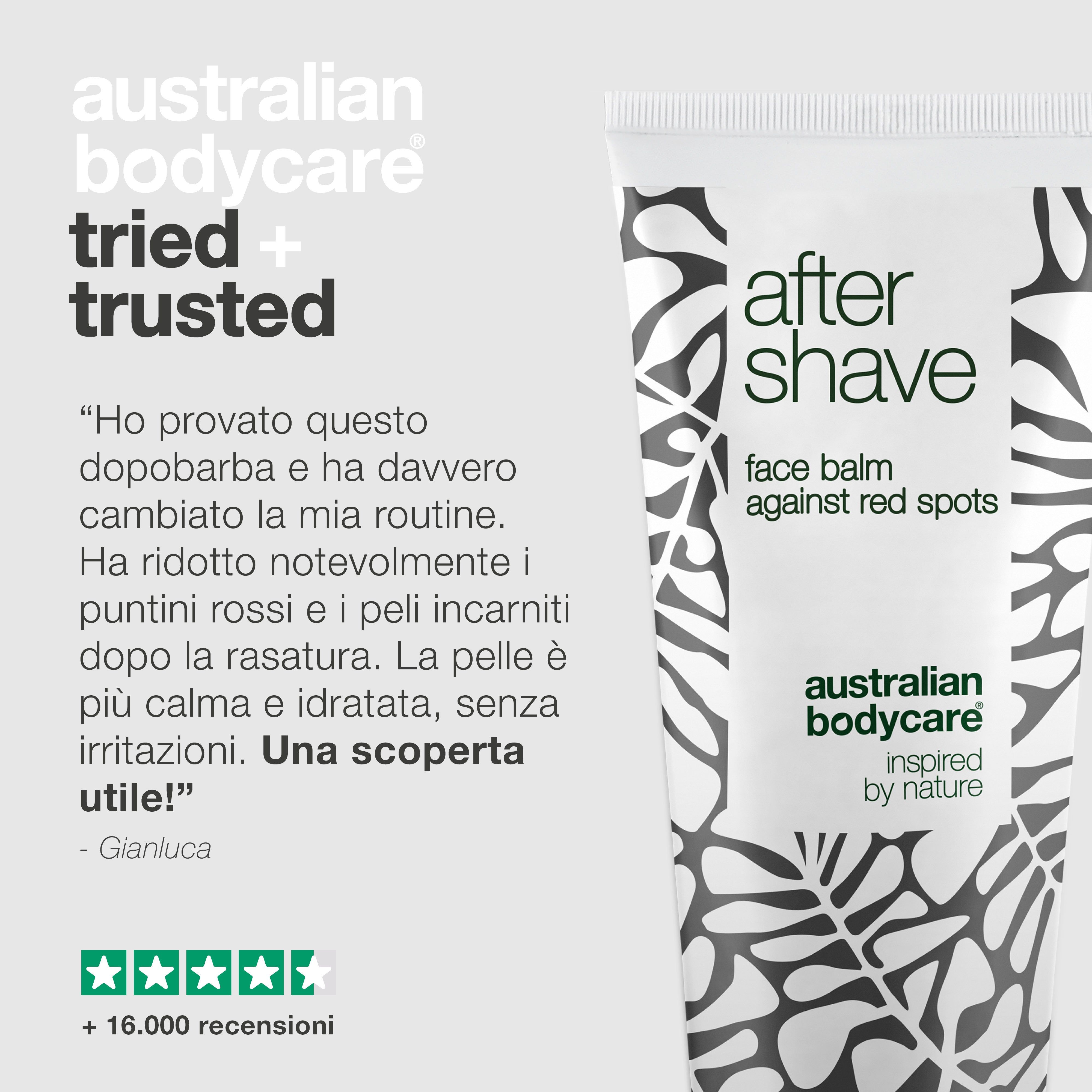 Balsamo dopobarba. Scritta: After Shave, Australian Bodycare. Testo: Testato, confezione riciclabile, ingredienti di qualità.