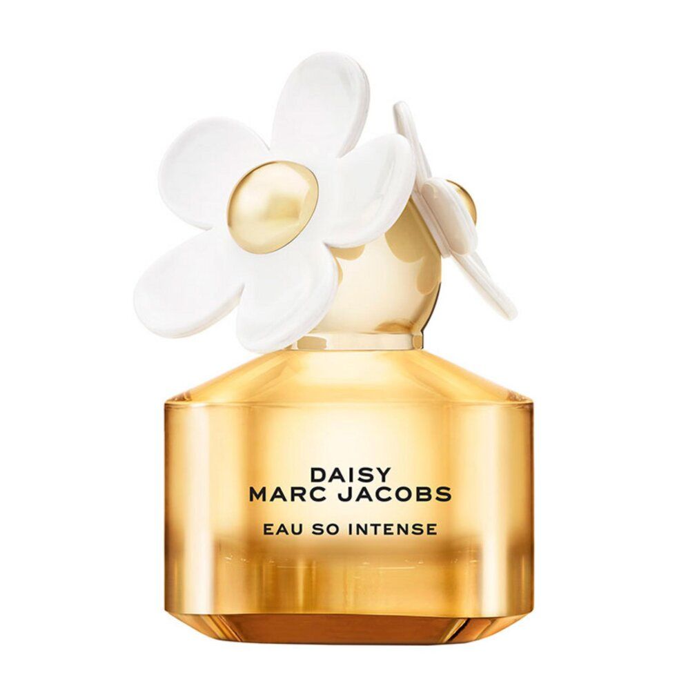 Flacone di profumo con liquido giallo, fiore bianco sul tappo. Scritta: Daisy Marc Jacobs Eau So Intense.