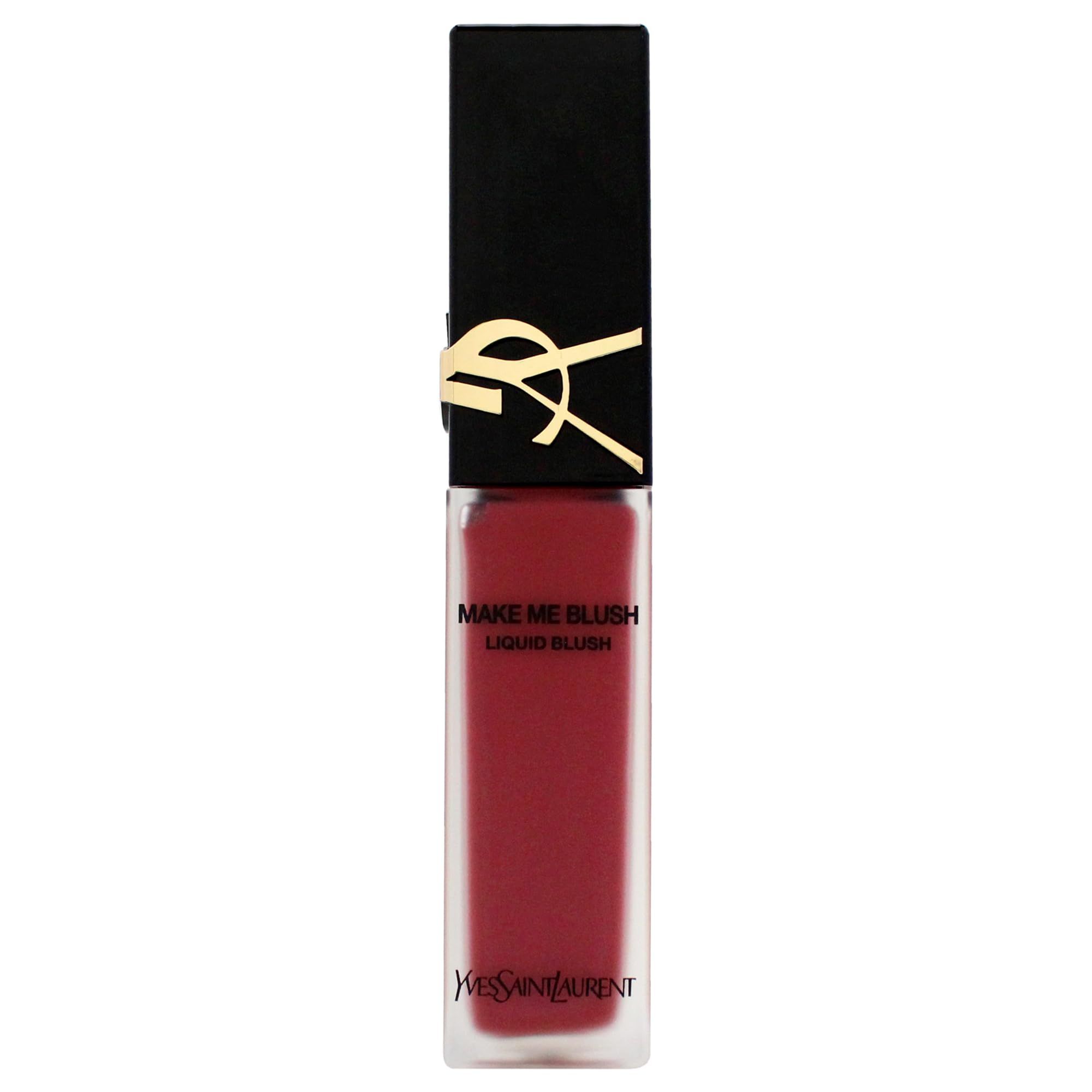 Fard liquido rosso. Tappo nero con logo dorato. Scritta: Make Me Blush, Liquid Blush. Marchio: Yves Saint Laurent.