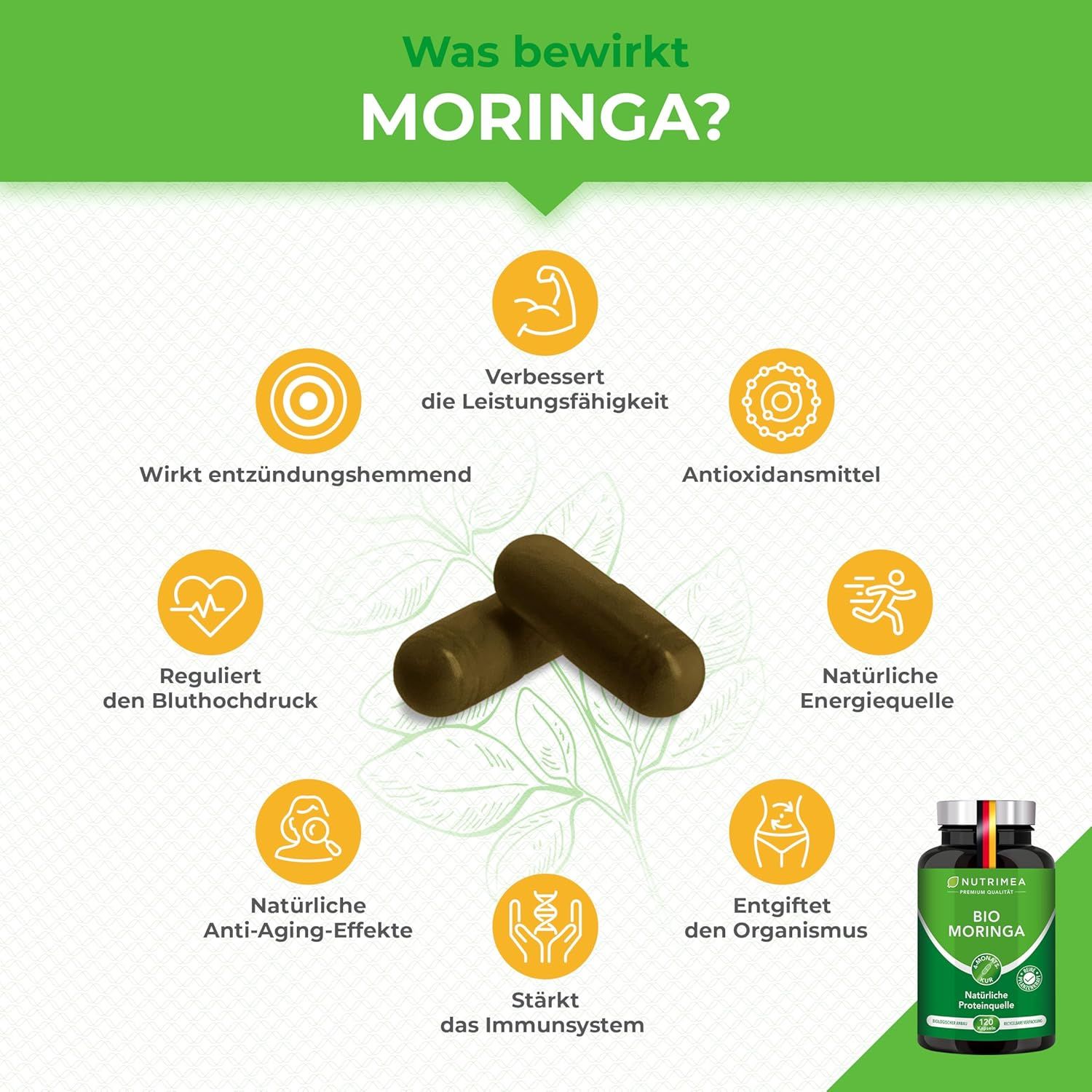 Due capsule marroni. Scritta: Moringa. Una bottiglia di capsule Nutrimea Bio Moringa.