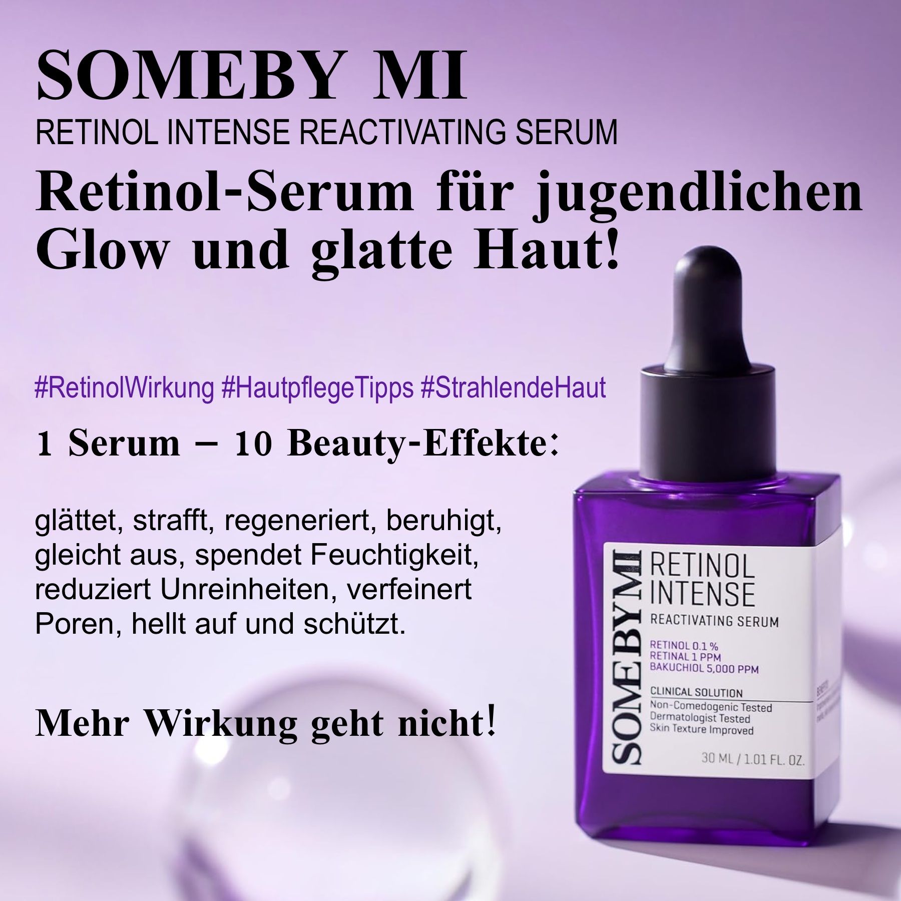 Un flacone di siero con testo. Scritta: Retinol Intense Reactivating Serum. Marchio: Some By Mi. Testo sulla luminosità.