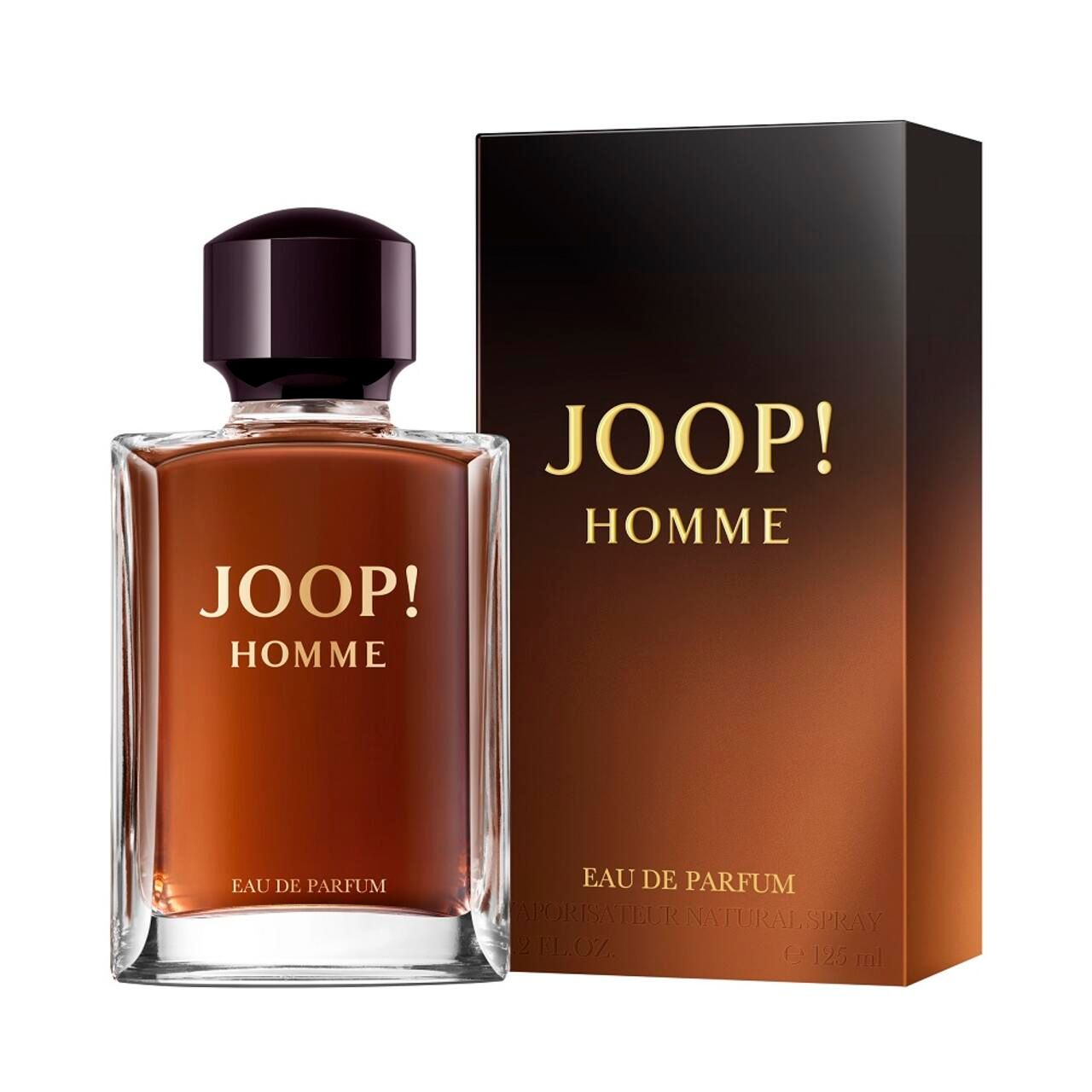 Flacone e confezione Joop! Homme Eau de Parfum. Forma rettangolare, liquido marrone, tappo nero. Scritta "JOOP! HOMME".