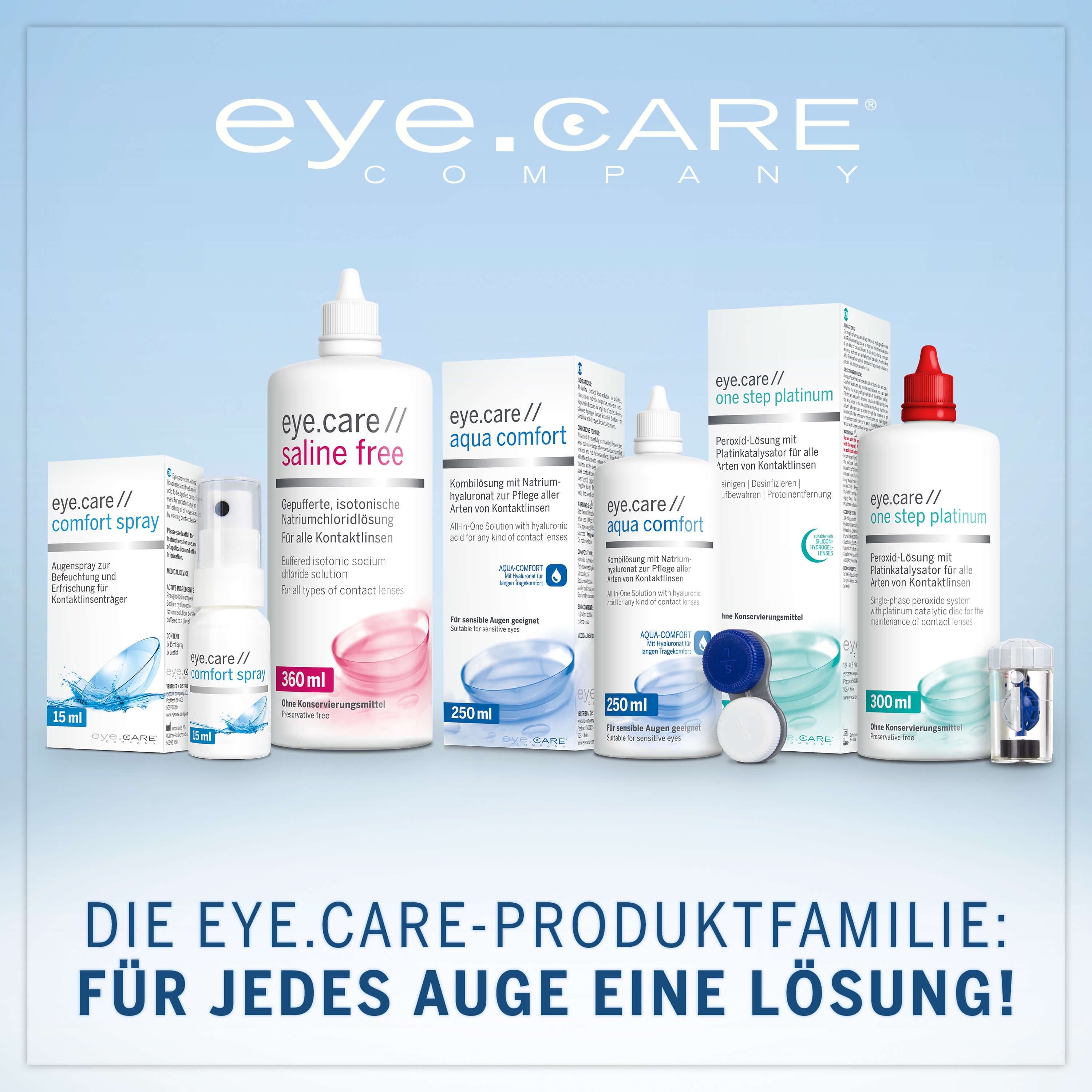 Famiglia di prodotti eye.care. Vari flaconi e spray. Testo: La famiglia di prodotti eye.care: Una soluzione per ogni occhio!