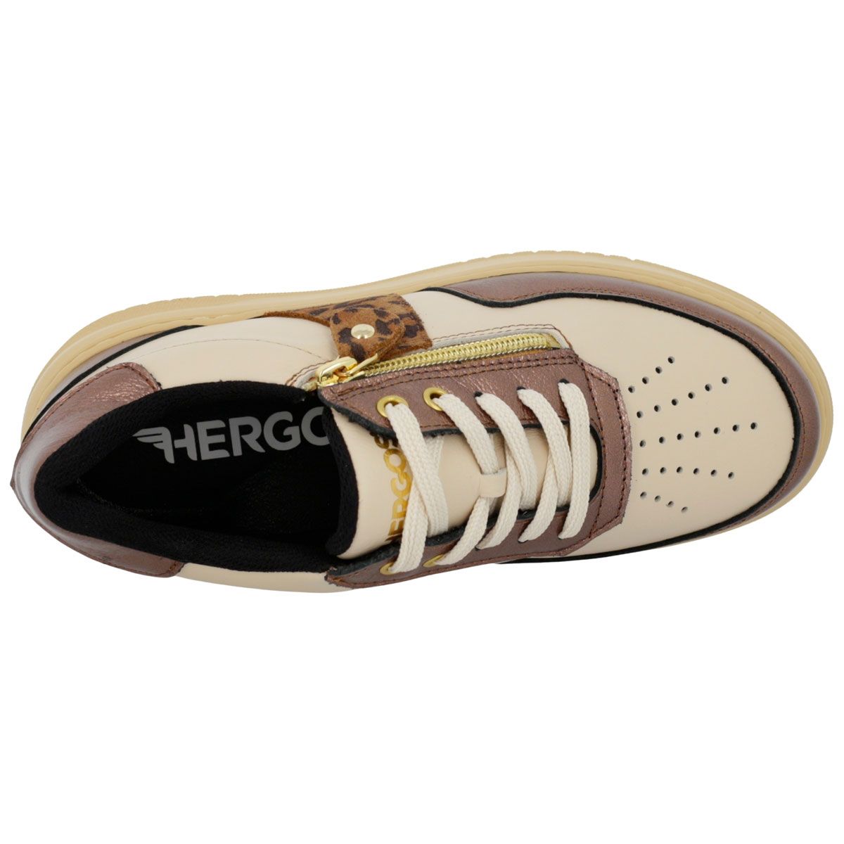 Sneakers crema con accenti leopardati, zip e dettagli color bronzo.