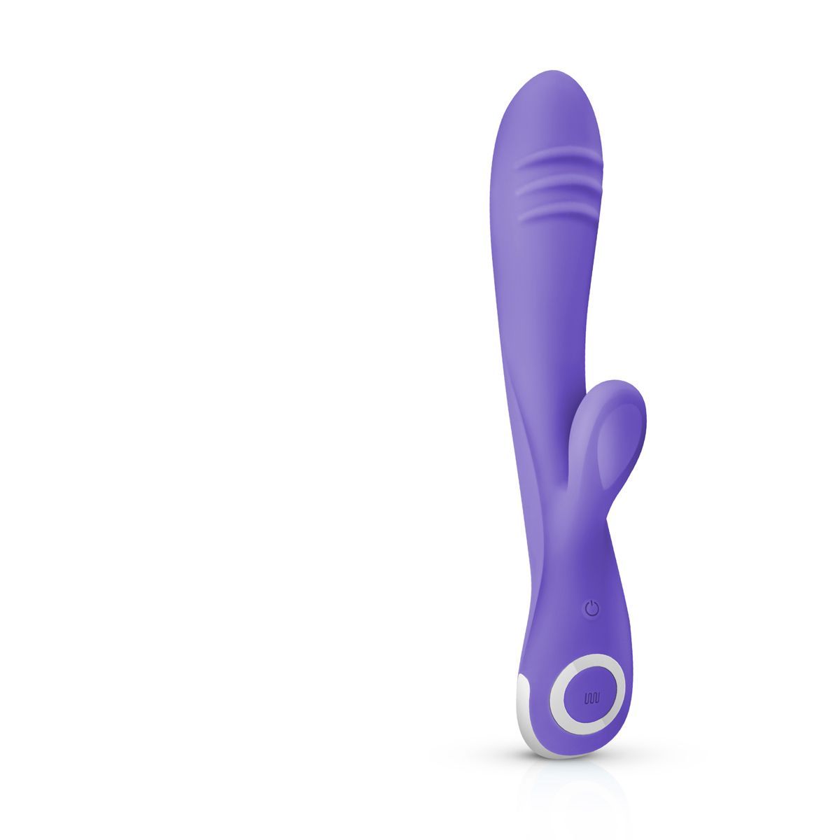 Vibratore viola con estremità arrotondata e due ali. Tre scanalature orizzontali sullo stelo. Base bianca con pulsanti.