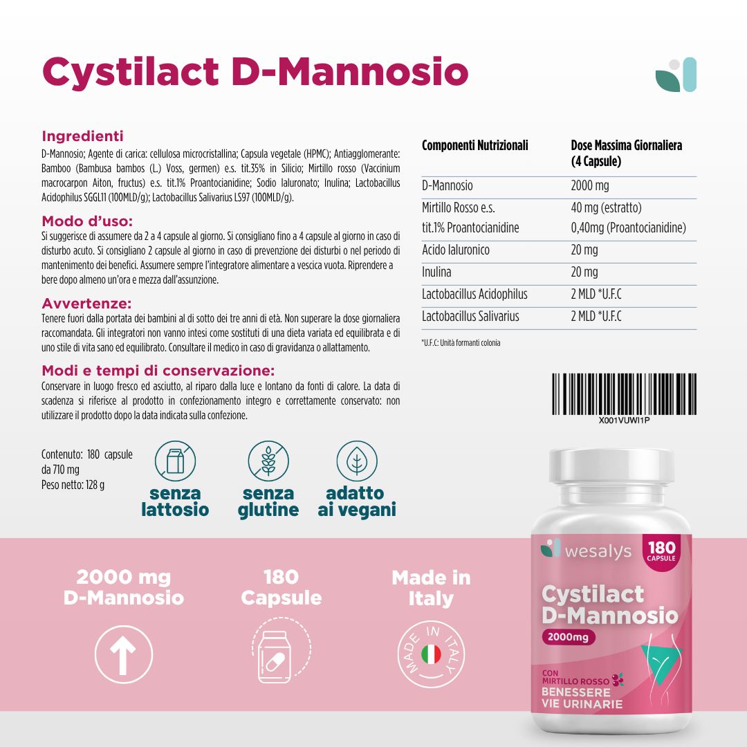WESALYS® CYSTILACT D-Mannosio - Integratore cistite con D-mannosio per il Benessere Vie Urinarie