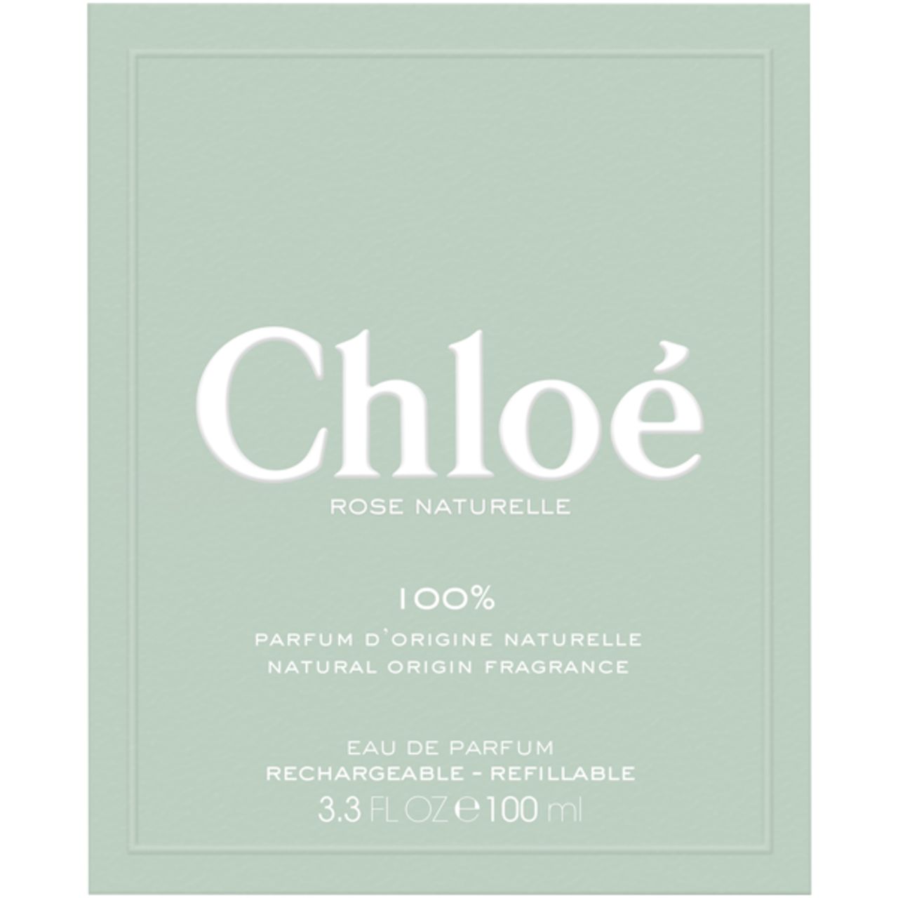 Confezione verde chiaro con scritta bianca Chloé, Rose Naturelle. Testo: 100% Parfum d'origine naturelle. Eau de Parfum.