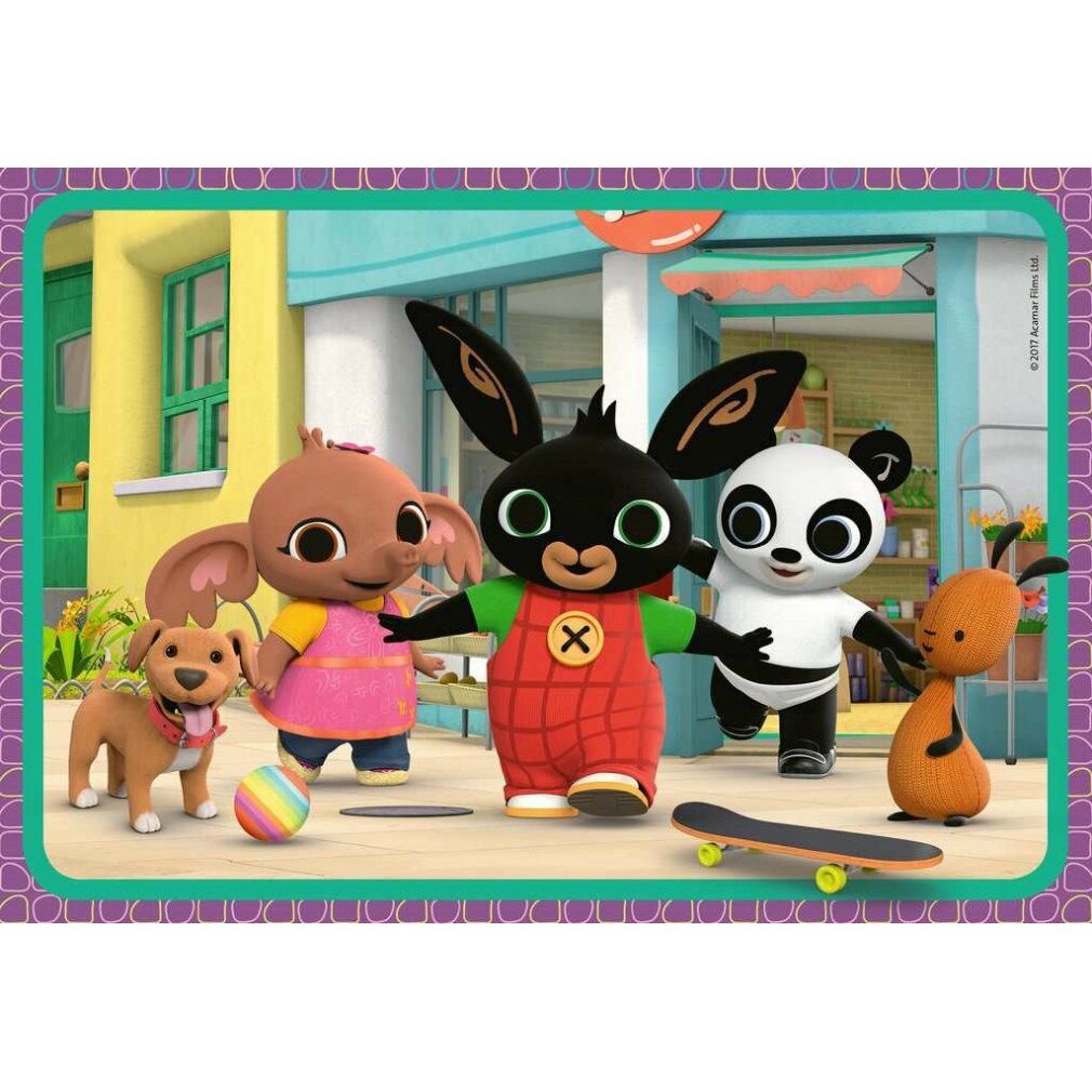 Puzzle Bing. 2x12 pezzi. Bing e amici davanti a un edificio. Marchio Ravensburger.
