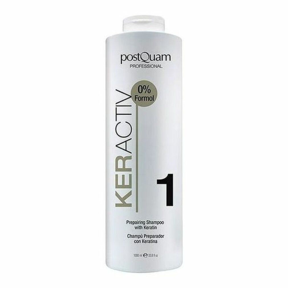 Flacone di shampoo bianco con scritta Keractiv, 0% Formol, Preparing Shampoo with Keratin. 1000 ml.