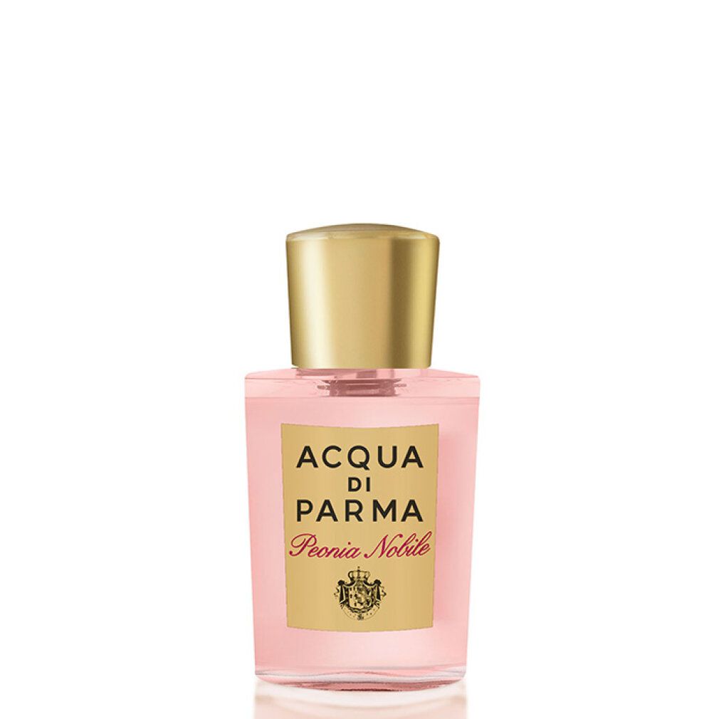 Flacone rosa con tappo dorato. Scritta: ACQUA DI PARMA Peonia Nobile. Eau de Parfum.