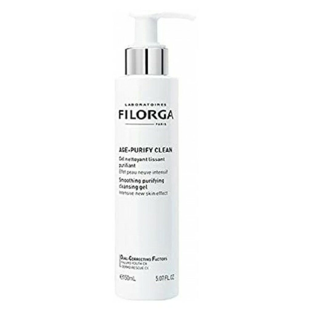 Flacone bianco con dosatore. Scritta: FILORGA PARIS, AGE-PURIFY CLEAN, Gel nettoyant lissant purifiant. 150ml.