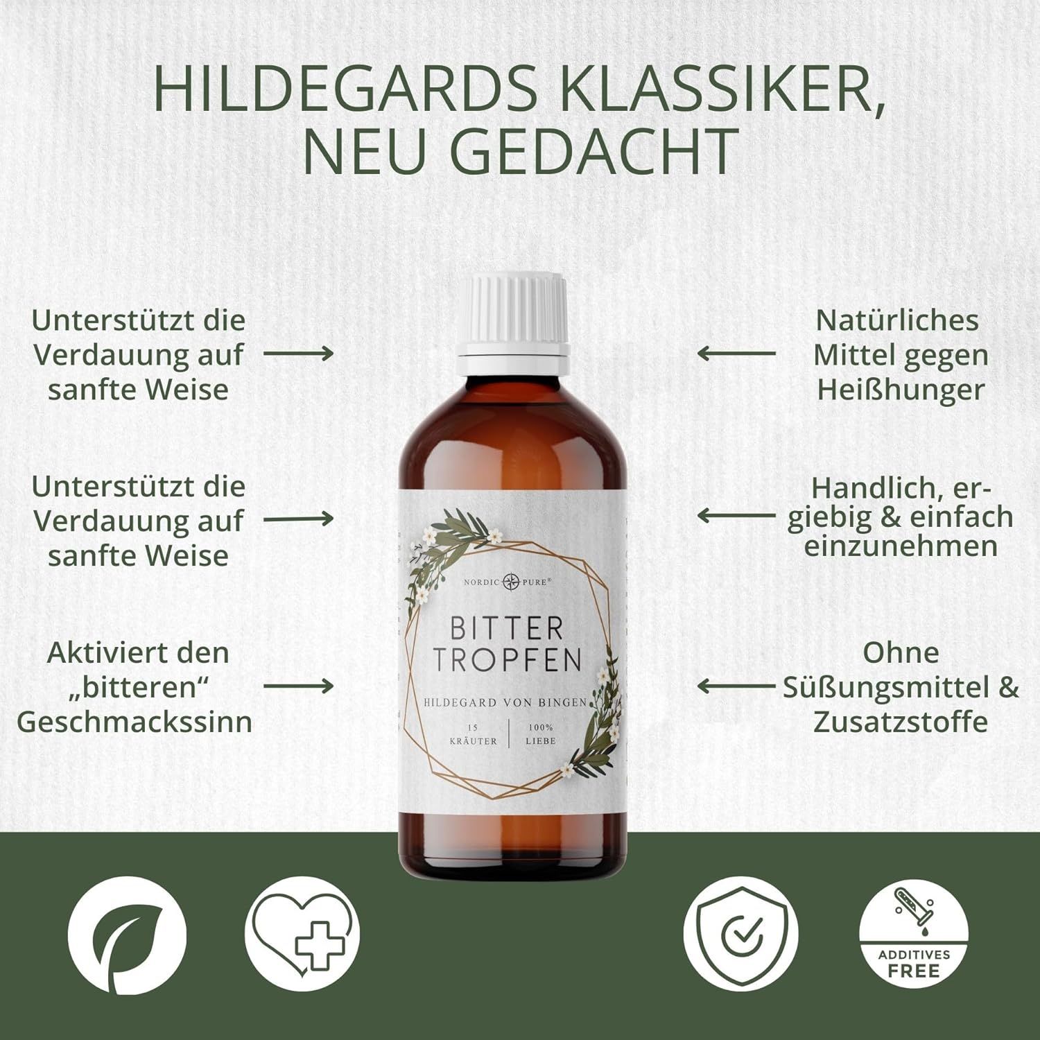 Flacone con tappo bianco. Testo: Il classico di Ildegarda, ripensato. Supporta la digestione, rimedio naturale contro le voglie.