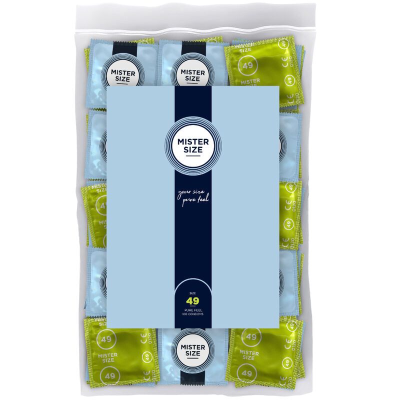 Confezione da 100 preservativi Mister Size 49, confezionati singolarmente in fogli dorati e blu.