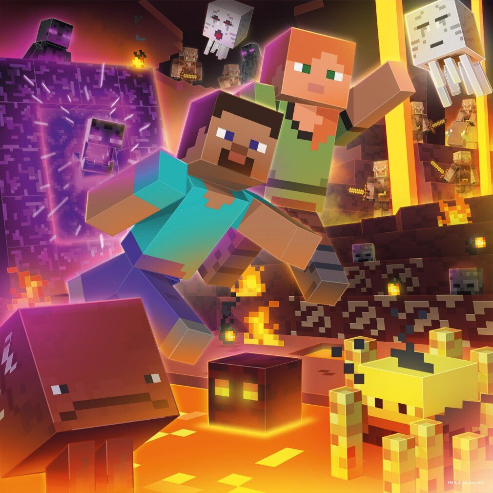 Scena Minecraft con personaggi e creature in un ambiente infuocato. Personaggi: Steve e Alex. Fantasmi e lava.