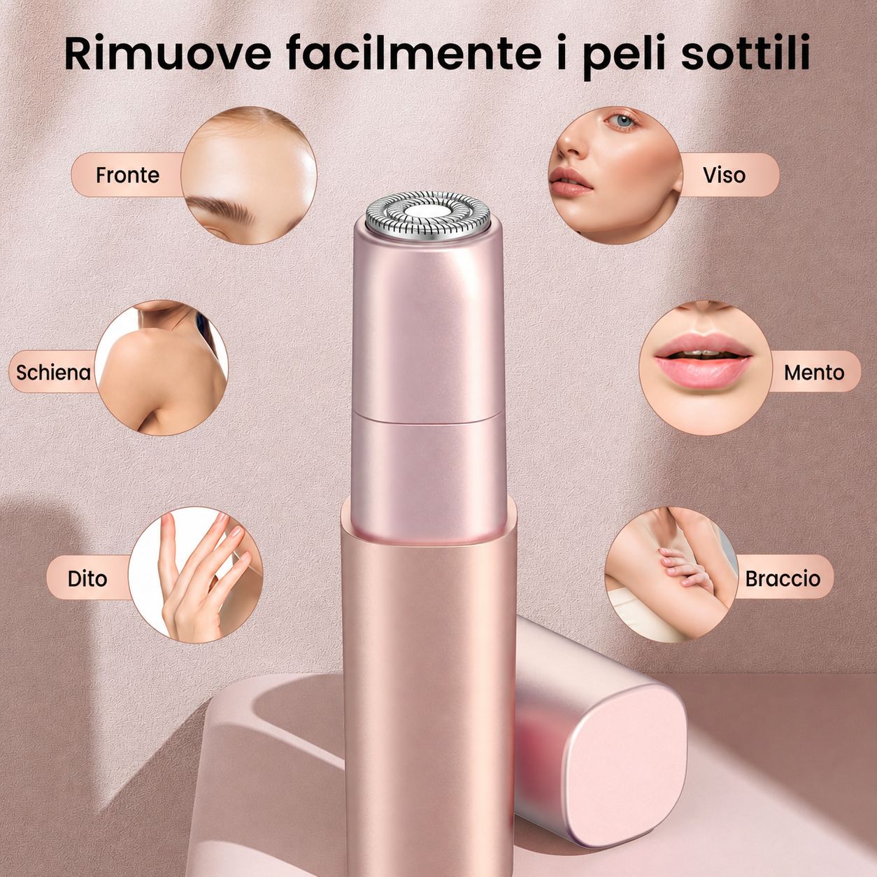 Epilatore viso rosa. Testo: Rimuove facilmente i peli sottili. Illustrazioni di parti del viso: fronte, viso, mento, braccio.