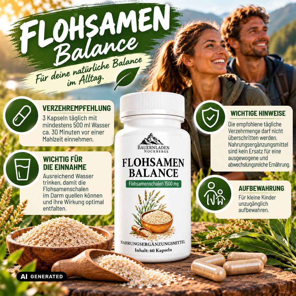 Flacone di capsule Flohsamen Balance da 60 capsule.