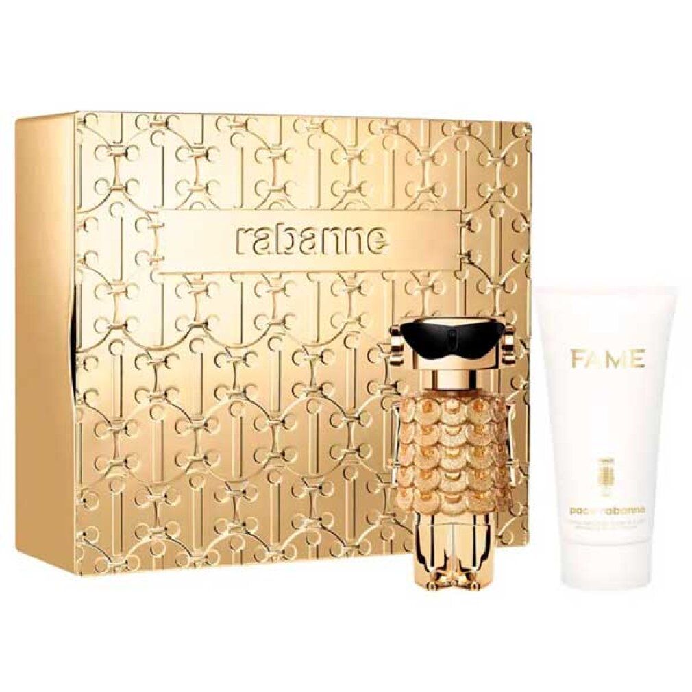 Confezione regalo dorata Rabanne con flacone di profumo Fame e tubo. Scritta "FAME".