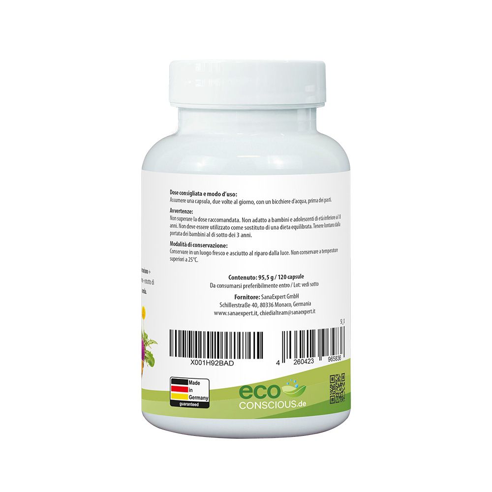 Retro del flacone bianco SanaExpert LeberVital Pro. Etichetta con dosaggio, avvertenze e contatti. Marchio eco.