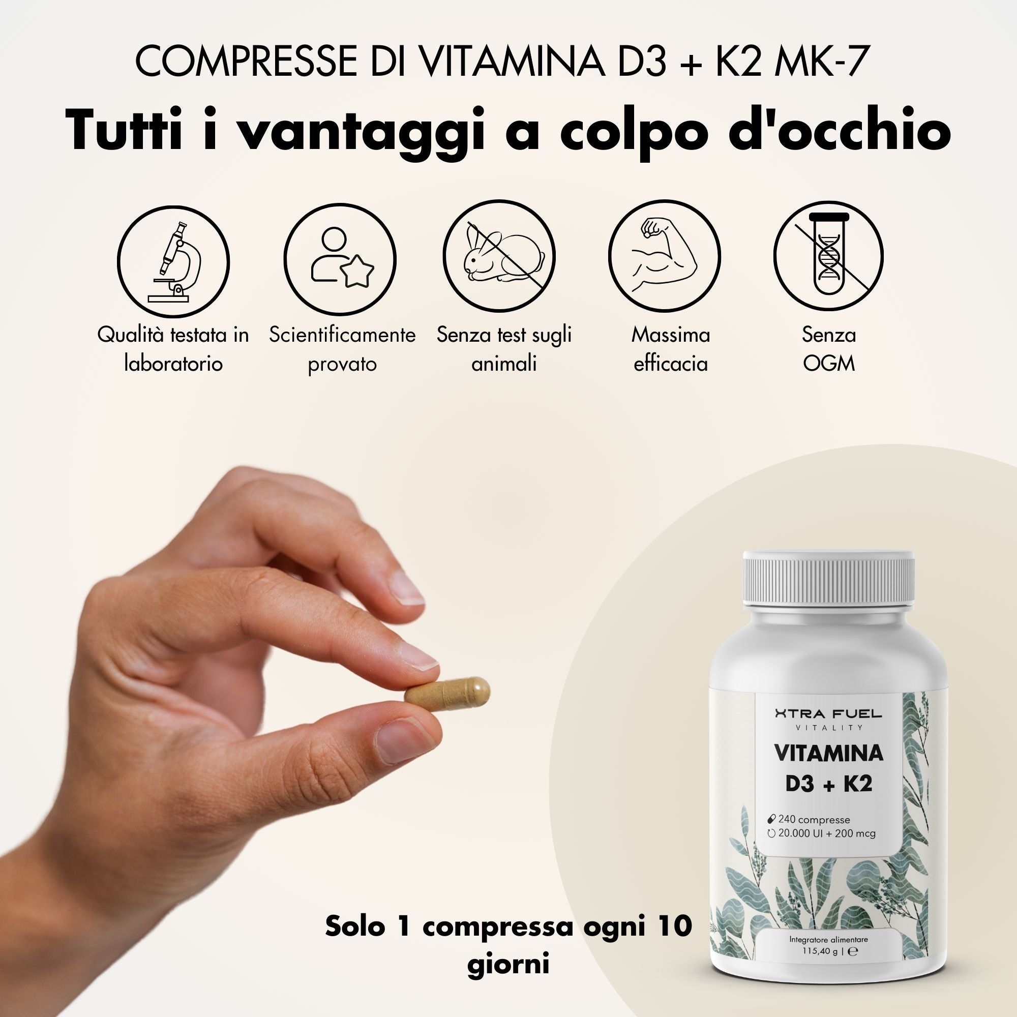 XTRA FUEL | Vitamina D3 + K2 - Compresse con 20.000 UI + 200 mcg MK-7