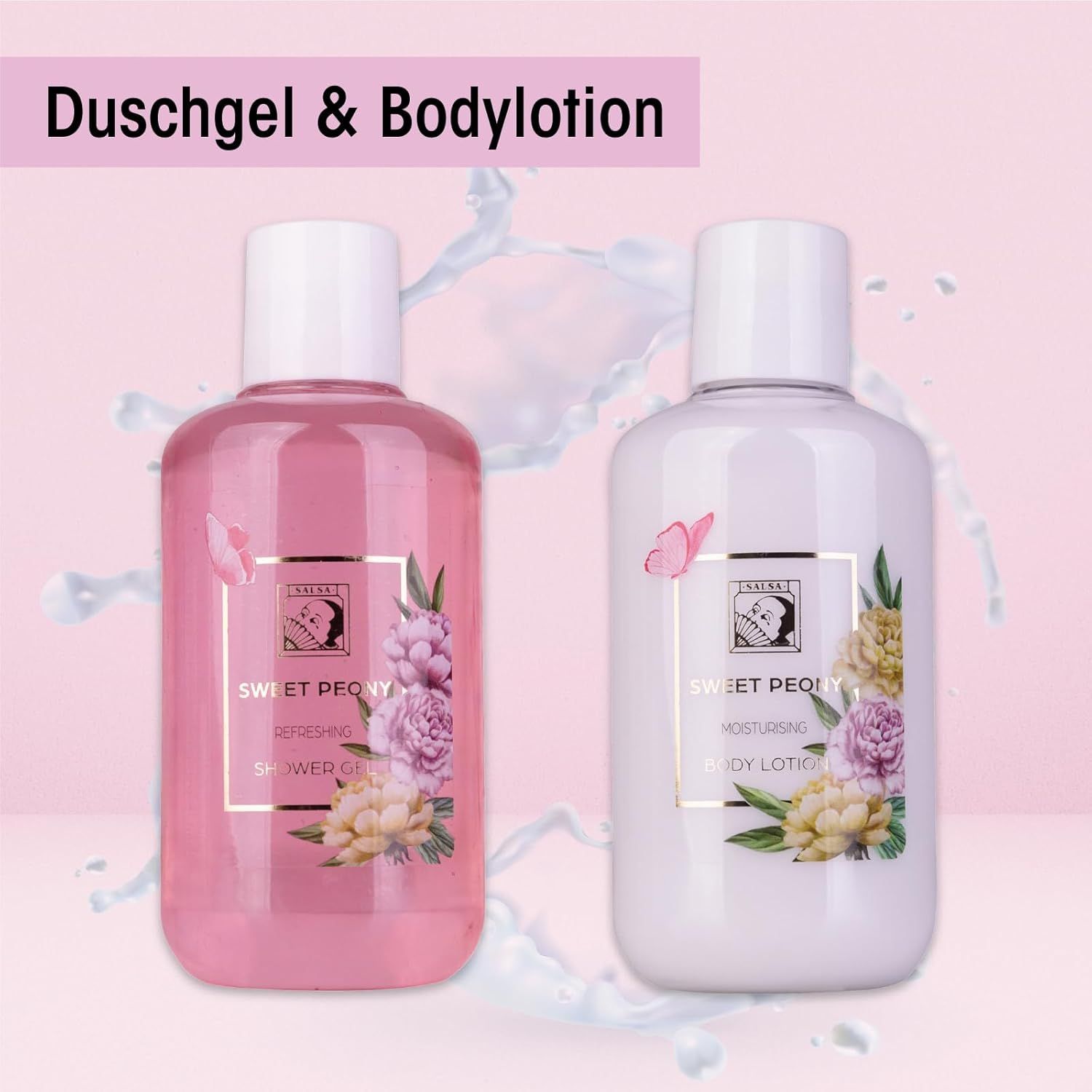 Due bottiglie: gel doccia e lozione per il corpo. Stampa: Sweet Peony. Bottiglie bianche e rosa con tappo bianco.